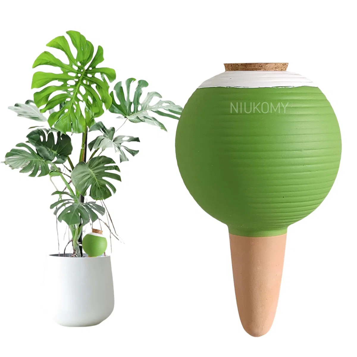 Riego Automático de Arcilla 450 ML, Grande Cono de Arcilla Terracota de Plantas, Dispensador de Agua Plantas en Maceta, Cono de Riego con Corcho, Verde