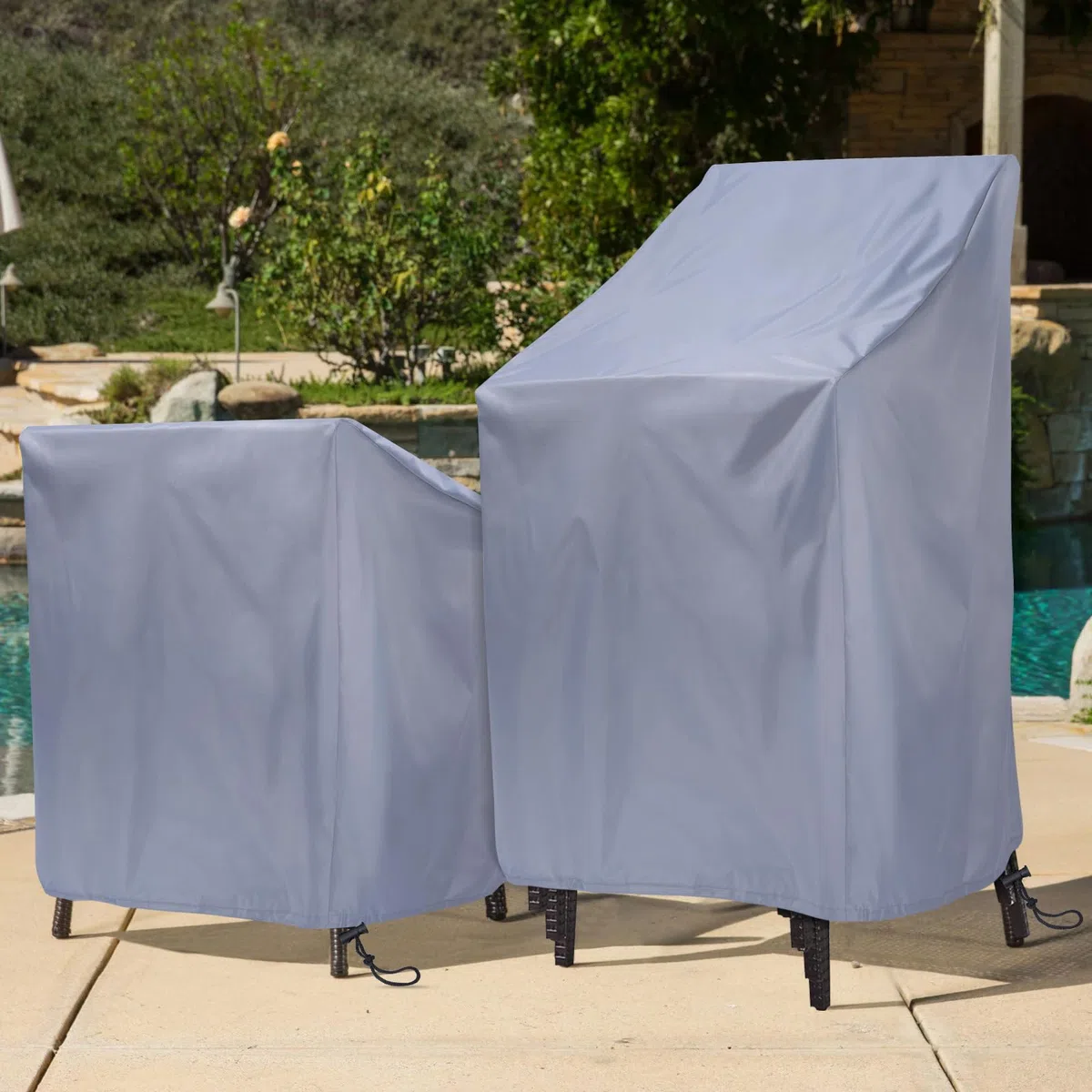 2 Piezas Funda para Sillas Apiladas de Jardin Impermeable Fundas Sillas Terraza Exterior con Cordón,210D Oxford Protectora Sillas para Patio Terraza,64x64x120/70CM (Gris)