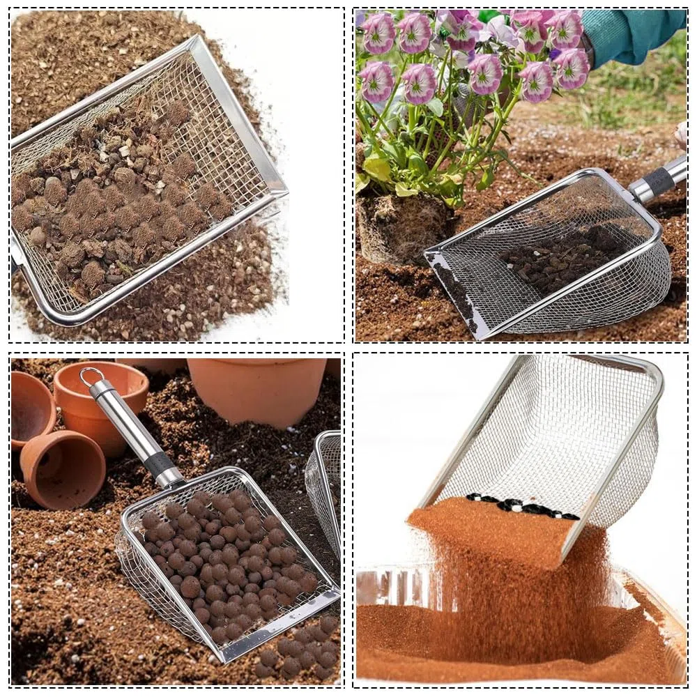 4 coladores de jardín de acero inoxidable, 2/2,8/3,8/5 mm, colador de tierra de jardín, colador de compostaje con mango, colador de compostaje de acero inoxidable, pala portátil para jardinería y