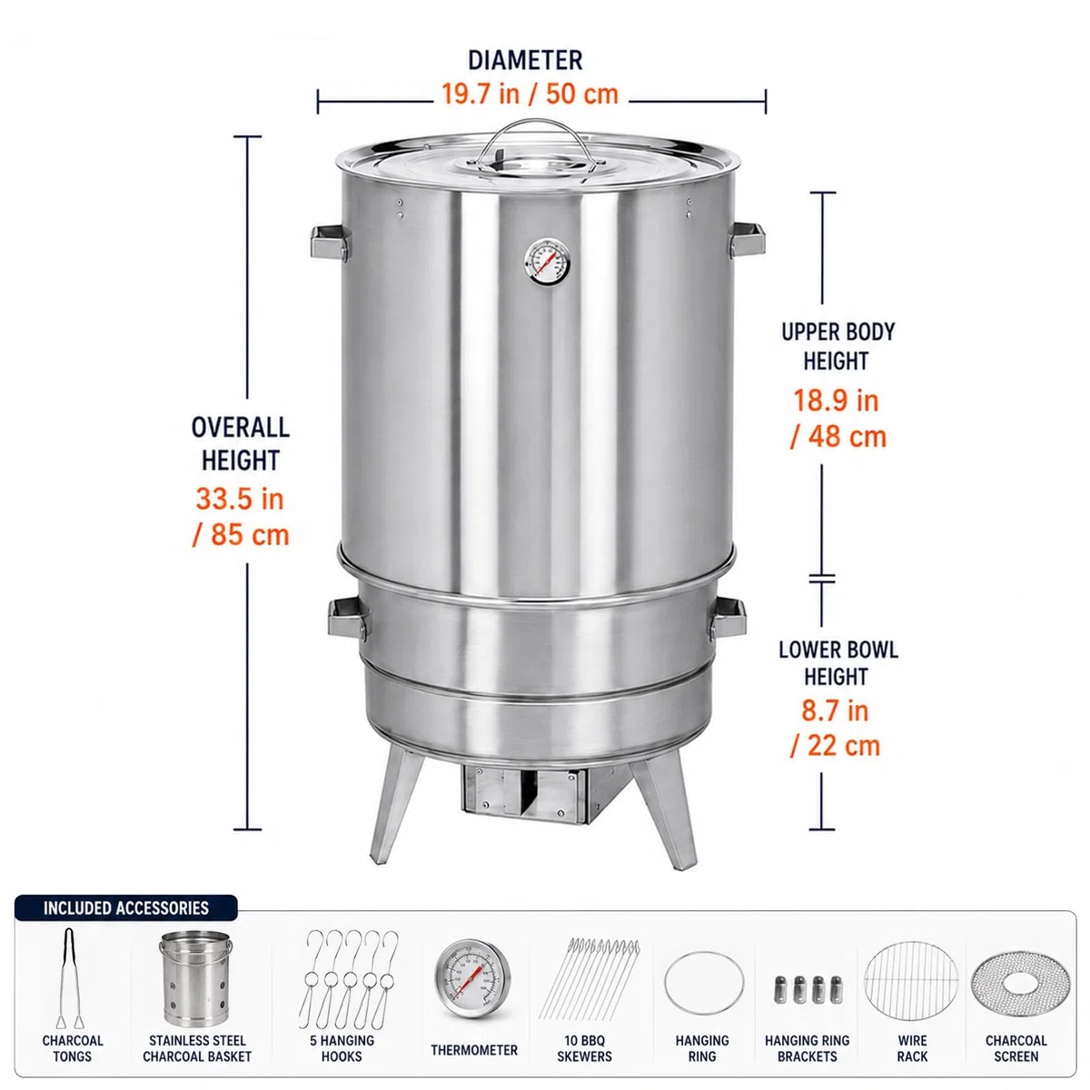 Horno Vertical Ahumador Acero Inoxidable 50cm Diámetro 85cm Altura Barbacoa Carbón con Termómetro y Accesorios para Camping Patio