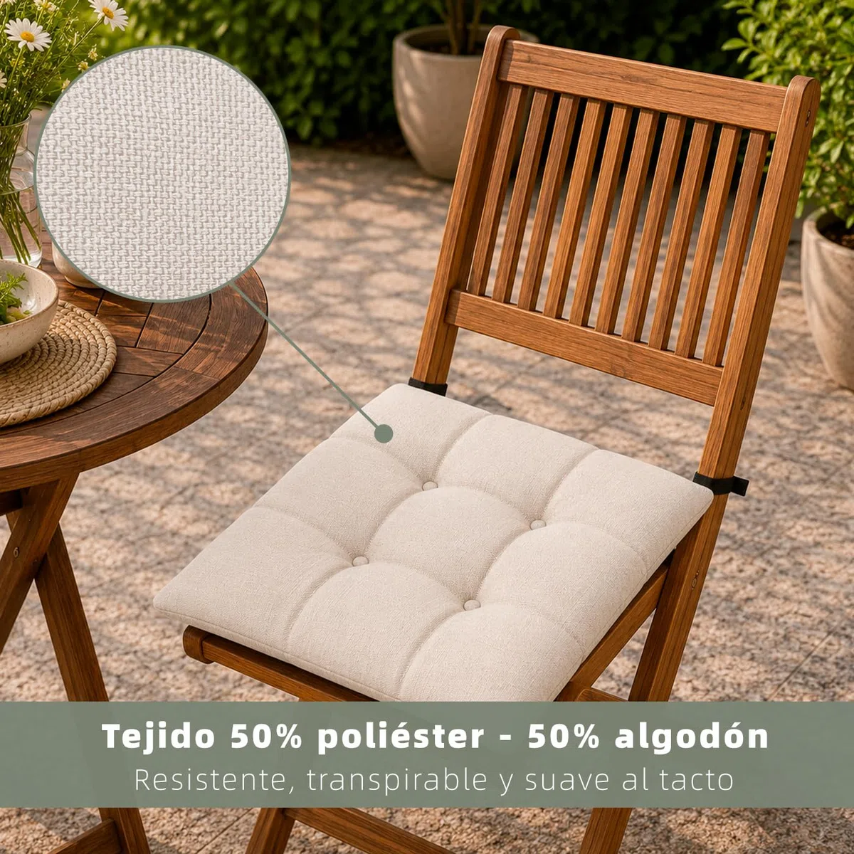 MERCURY TEXTIL- Pack de 2 Cojines para Silla 40x40x8cm Acolchados, Relleno de Copos de Poliuretano con Cintas de Sujeción Antideslizantes, Interior y Exterior. Fabricado en España(Pack 2, Beige)