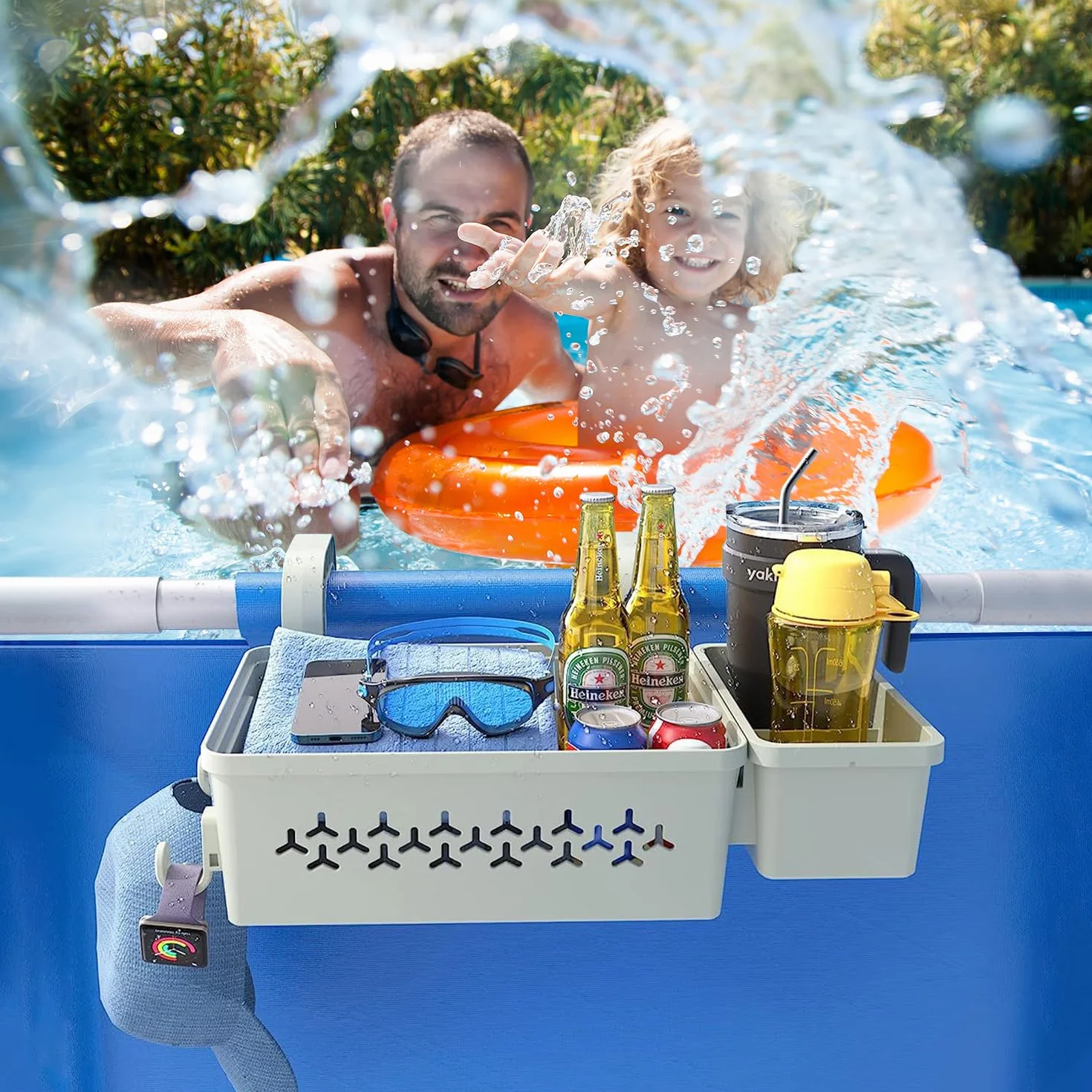 Papelera Almacenamiento para Piscina con Portavasos, Poolside Cesta de Almacenamiento Junto a la Piscina, Accesorio para Piscina Sobre el Suelo, Gris