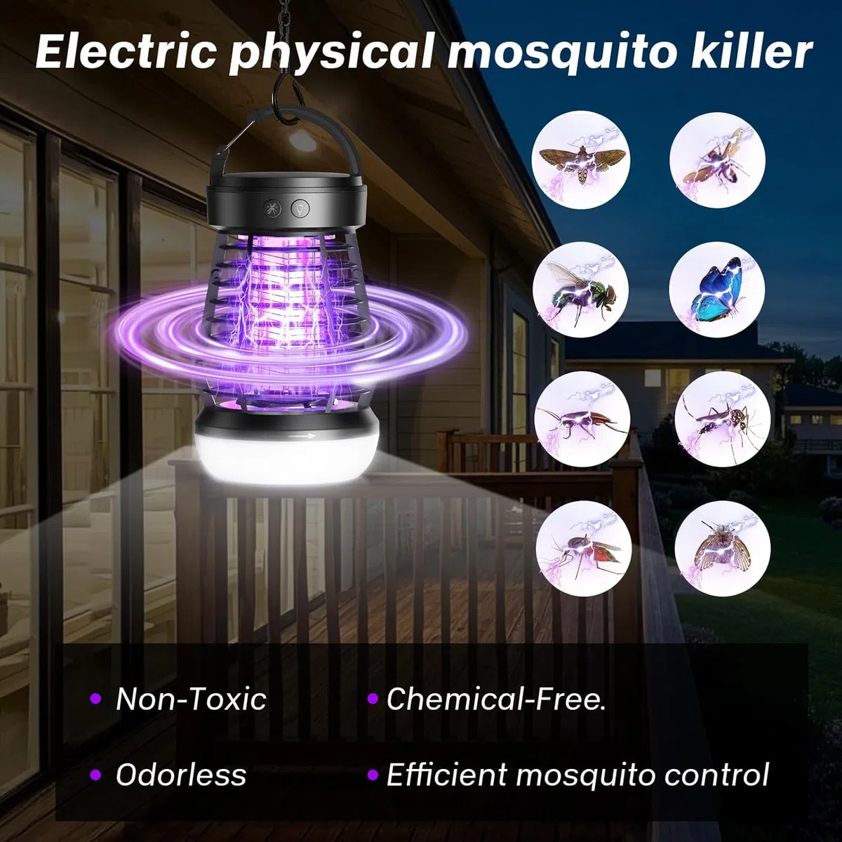 Lámpara Matamosquitos UV 2000V Recargable 2000mAh, Antimosquitos Eléctrico Portátil con Carga USB, Luz LED Suave y SOS, Impermeable IPX4 para Camping, Jardín, Balcón y Dormitorio