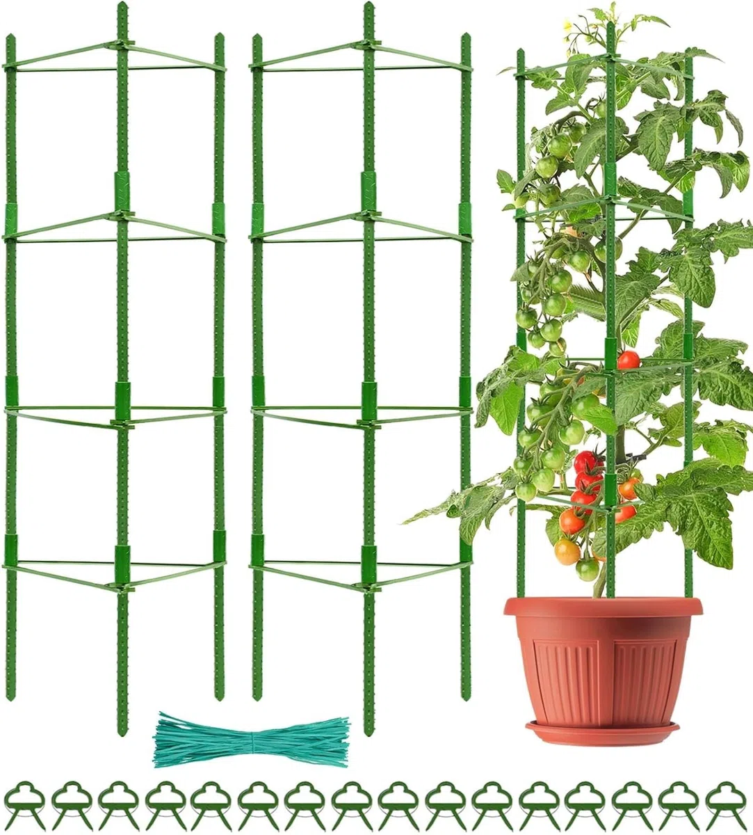 KAHEIGN 2 Piezas Jaulas de Tomate de Jardín, 160CM Enrejado de Marco de Soporte de Planta Ajustable para Verticales Escalada Planta Verduras Flor Frutas Enredadera - con 60Pz Bridas, 20Pz Jardín Clips