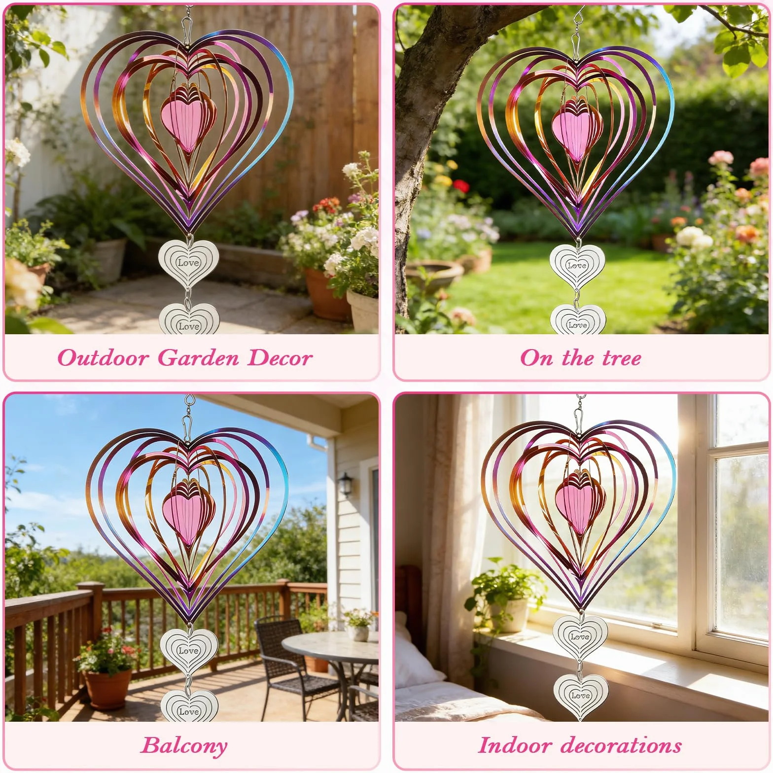 Carillón de Viento y Spinner 3D de Acero Inoxidable, Escultura en Forma de Corazón – Ahuyentador de Pájaros Reflectante, Decoración Resistente a la Intemperie para Jardín, Balcón y Terraza