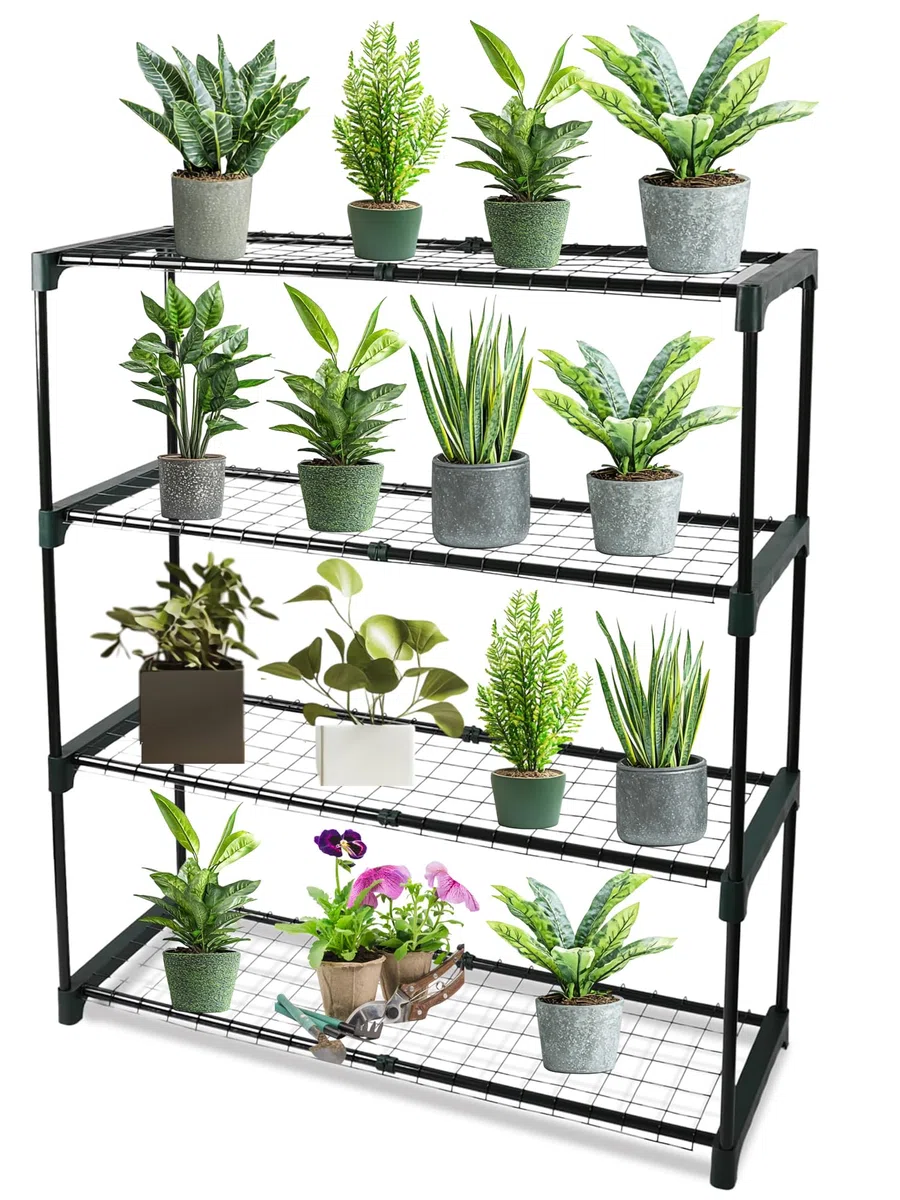 DIVCHI Estantes de almacenamiento de jardín de 4 niveles, estantería de invernadero, estante de cobertizo, estantes para plantas, estante de garaje, escenario de invernadero, fácil montaje sin