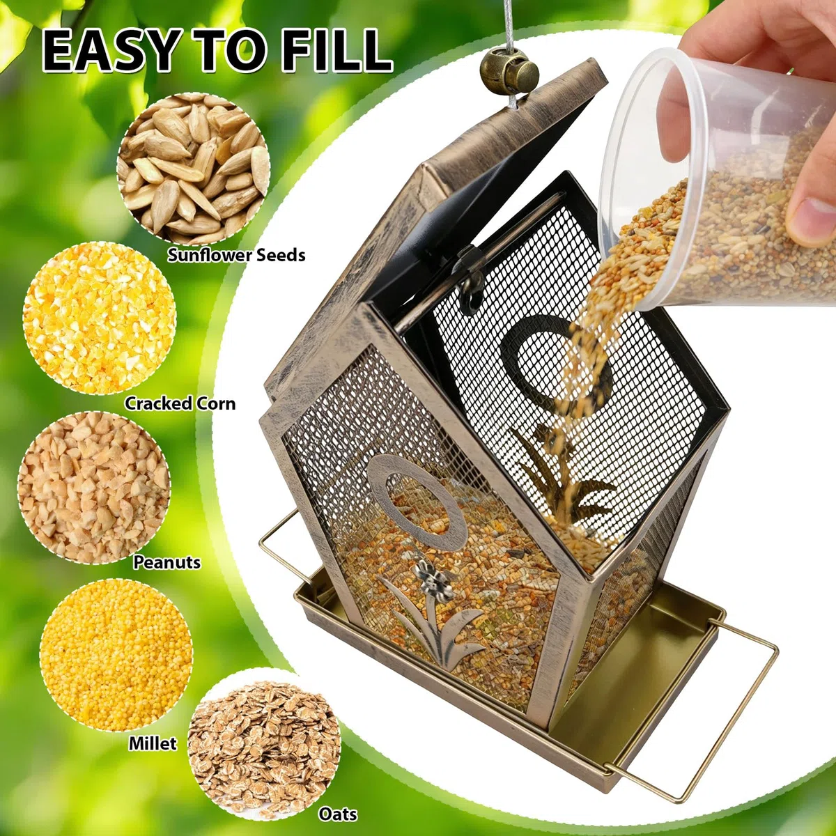 Comedero metálico para Pájaros Casita Colgante para Pájaros Silvestres Comedero Resistente a La Intemperie Pequeño con Capacidad de 1,1 Kg, Ideal para Jardines, Patios y Patios Traseros