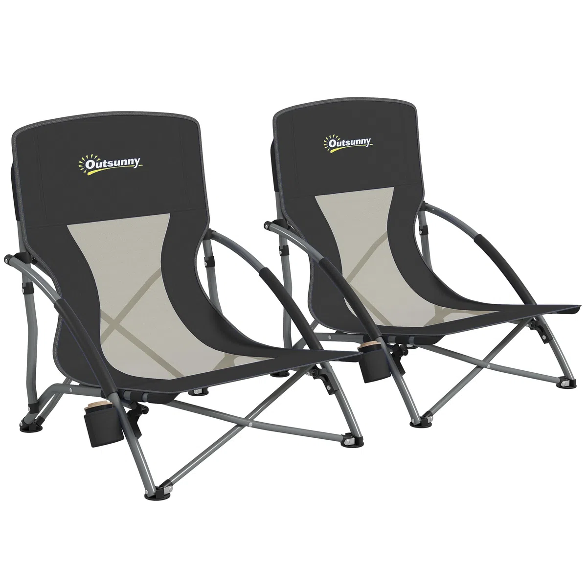 Outsunny Pack de 2 Sillas de Playa Plegables Ligeras Sillas de Camping Portátiles Bajas con Respaldo de Malla Tela Oxford 600D Portavasos Reposabrazos Bolsa para Acampada Carga 120 kg Negro