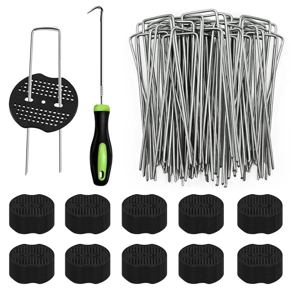 100 Piquetas+100 Arandelas+1recoger Gancho,Clavos Jardín, Grapas Césped Artificial,Clavijas de Jardín en Forma de U, Estacas de Jardín Antirust,Grapas de Jardín para Malla Antihierbas