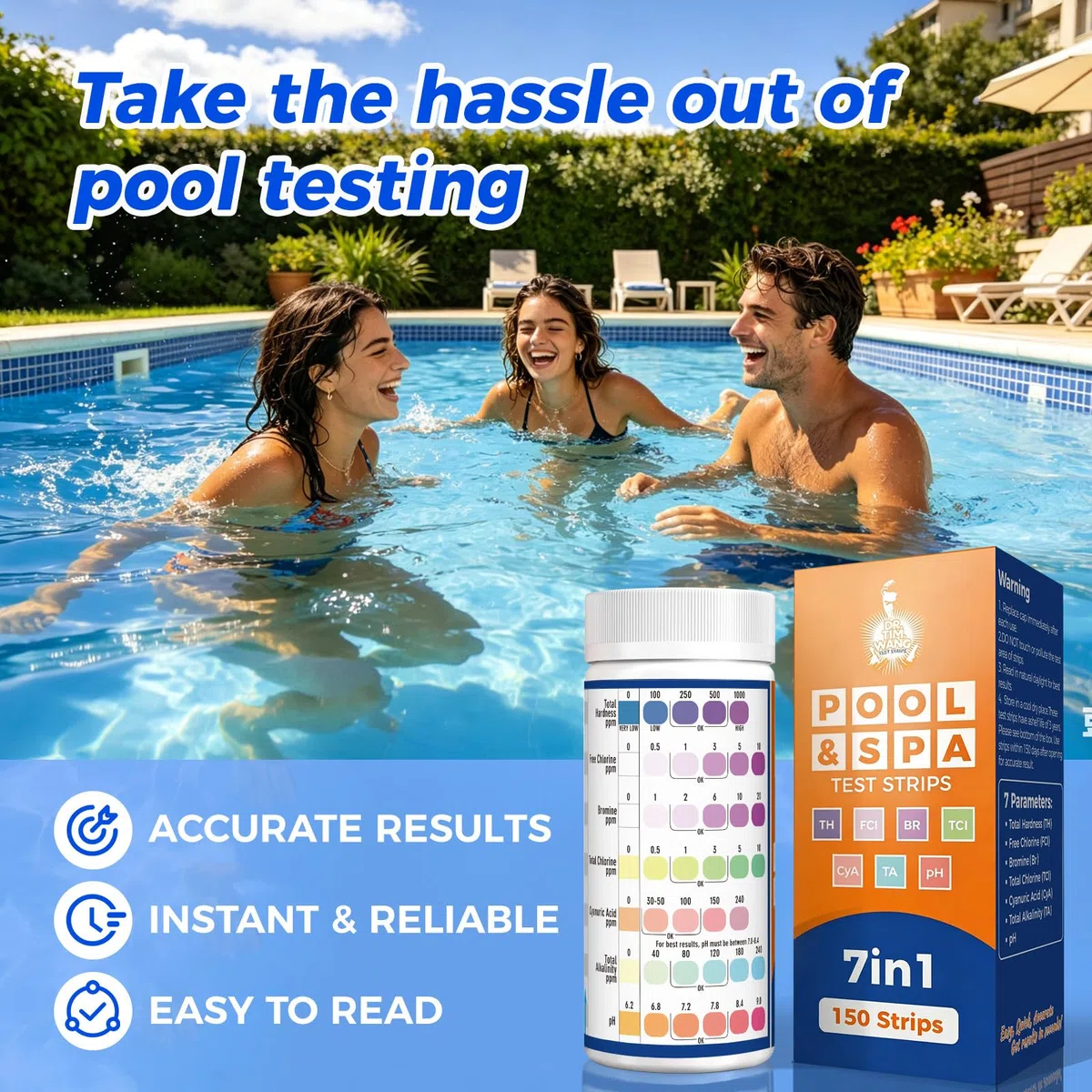 7 en 1 Tiras Reactivas para Baños de Hidromasaje, 150 pcs | Tiras de Prueba para Piscinas y Spa, mide el pH, Cloro Libre, Cloro Total, Bromo, Alcalinidad Total, Dureza Total y Ácido Cianúrico