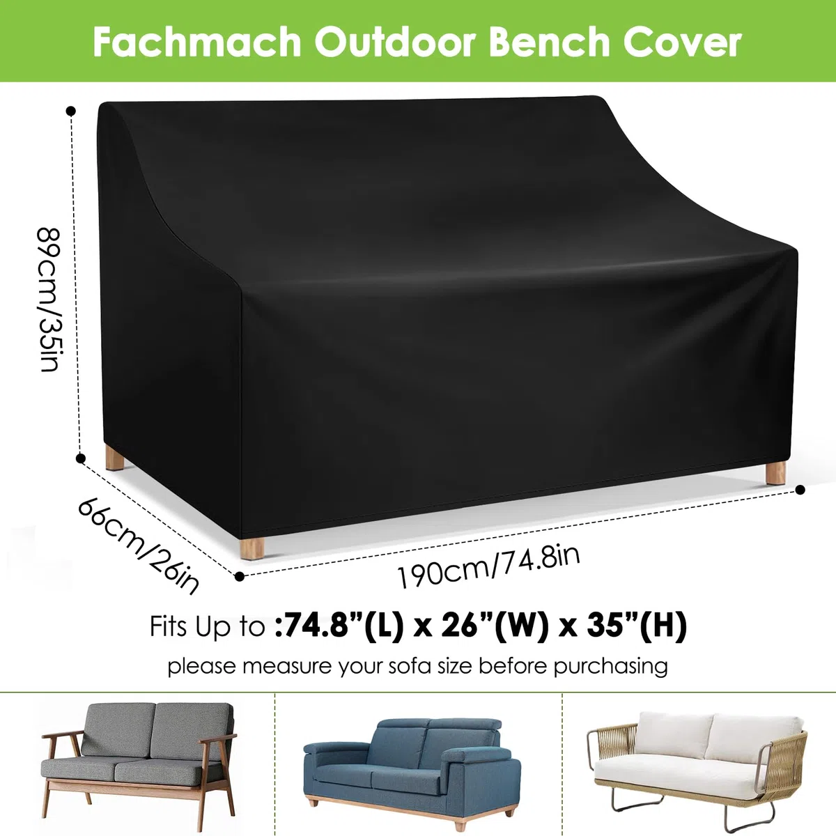 Funda para Banco de Jardín 4 Plazas,Funda para Sofá de Exterior Impermeable Tela Oxford con Salidas de Aire Funda Protectora Sofa de Patio Anti-Viento UV Resistente (190x66x89cm)