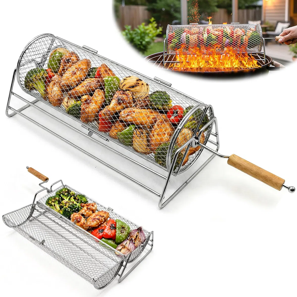 Cesta de Parrilla Rodadiza, Cesta de Parrilla de Acero Inoxidable, Accesorios Barbacoa con Mango de Madera Extraíble, Rejilla Barbacoa Utensilios bbq para Exterior Camping, Regalos Hombre