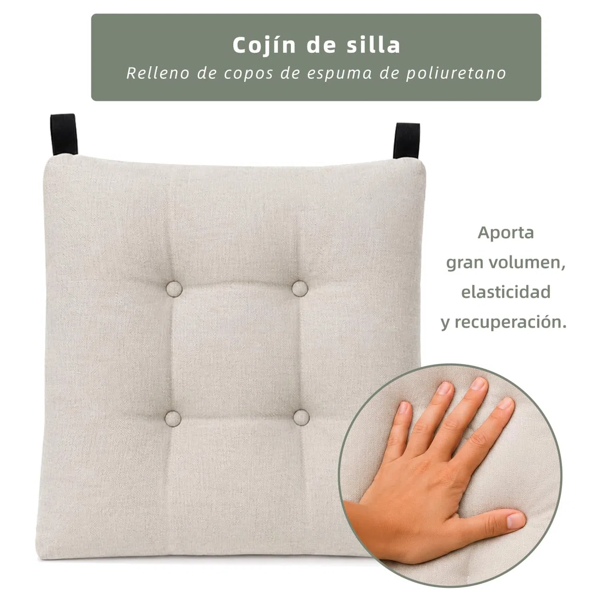 MERCURY TEXTIL- Pack de 2 Cojines para Silla 40x40x8cm Acolchados, Relleno de Copos de Poliuretano con Cintas de Sujeción Antideslizantes, Interior y Exterior. Fabricado en España(Pack 2, Beige)
