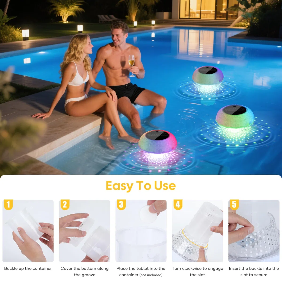 Dispensador Cloro Piscina Flotante con Luz Solar Flotador Cloro para Piscinas Luces Solares Piscina Flotantes Impermeable IP68 Lámparas Solares Piscina para Jacuzzi SPA Decoración para Fiesta