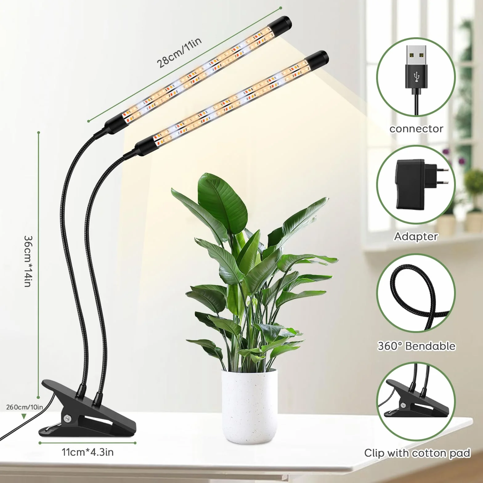 2 cabezas de luces de plantas, V-Shape crecer luces para plantas de interior, de espectro completo crecer luces con clip, automático ON & OFF temporizador 3/9/12H