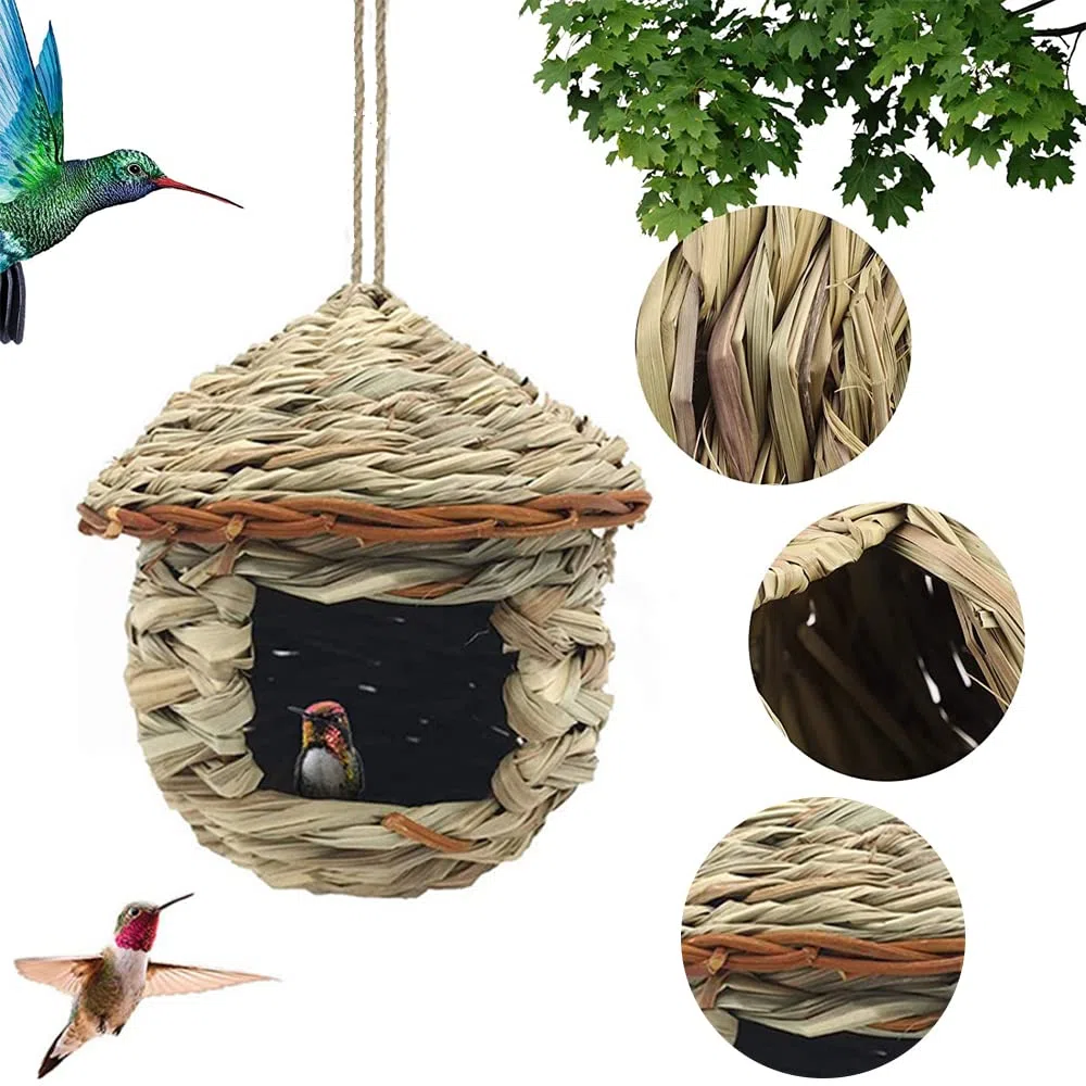 2 Piezas Nidos de Pájaros, Nido de pájaro Colgante, Nido Pajaros Exterior Colgante, Casa de Pajaros Exterior, Tejidas a Mano Hierba Nidos para Pajaros, para Pájaros Pequeños como Colibrí (15x15 cm)