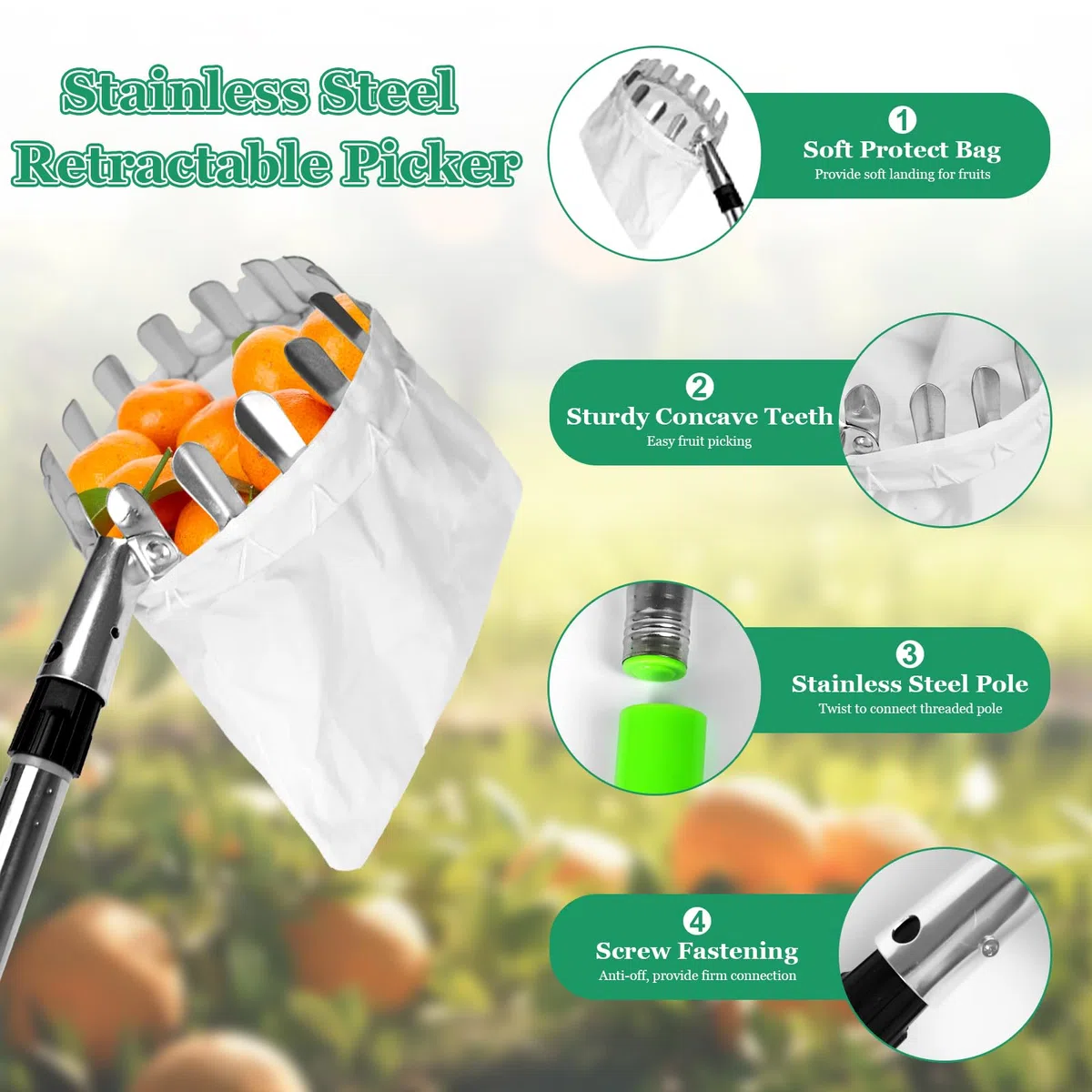 Recogedor de Frutas Telescopico, 2,4 M Recolector de Frutas, Recoge Frutas de Árboles, Recoge Frutas Telescopico Extensible, Herramienta recolectora de Frutas para Manzanas, Naranjas, Peras