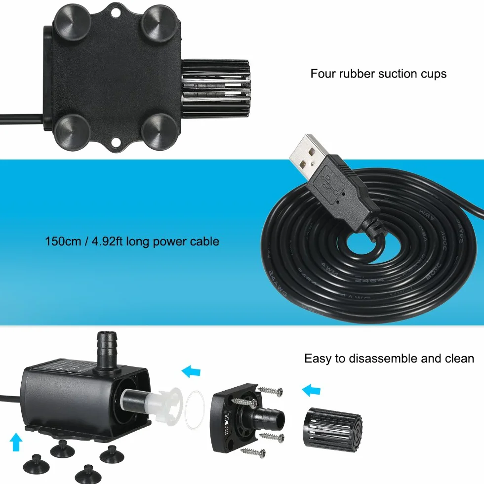 Decdeal USB DC5V 4.8W 300L/H Elevación 300cm Mini Bomba de Agua Ultrasilencioso, Sin Cepillo, Impermeable, Sumergible, para Circulación de Fuente Acuario