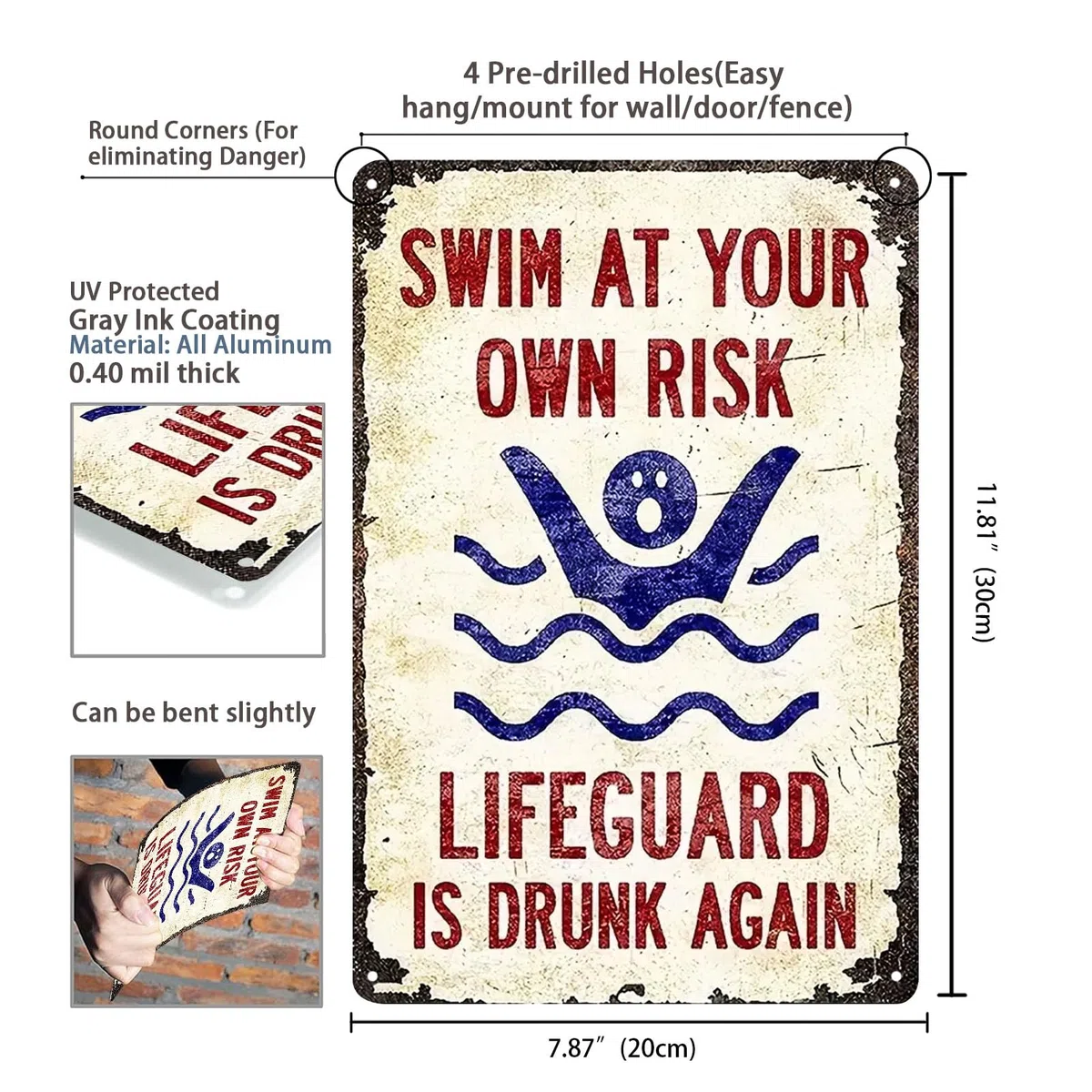 Letreros de metal con texto en inglés "SWIM AT YOUR OWN RISK" (2466)