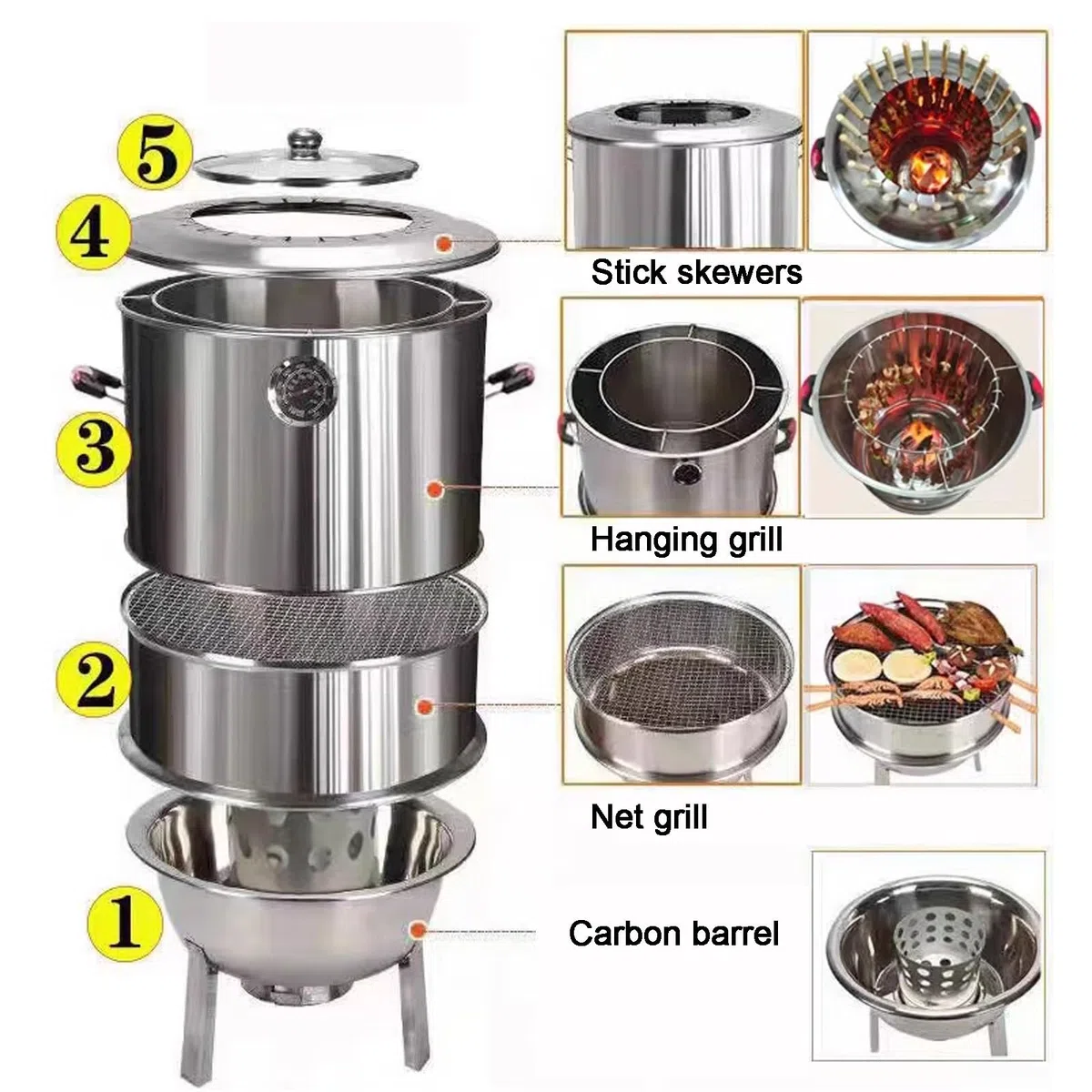 Parrilla vertical para ahumar carbón con termómetro, barbacoa sin humo, barril desmontable para barbacoa, separación de aceite y carbón