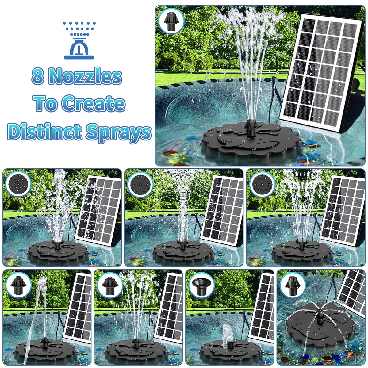 SZMP 2 en 1 Fuente Solar Jardín Exterior 3.5W, 2026 Nuevo Bomba de Agua Solar Flotante con 3M Cable & 8 Boquillas, para Estanque de Jardín Fuente, Baño para Pájaros, Estanque, Exterior, Piscina