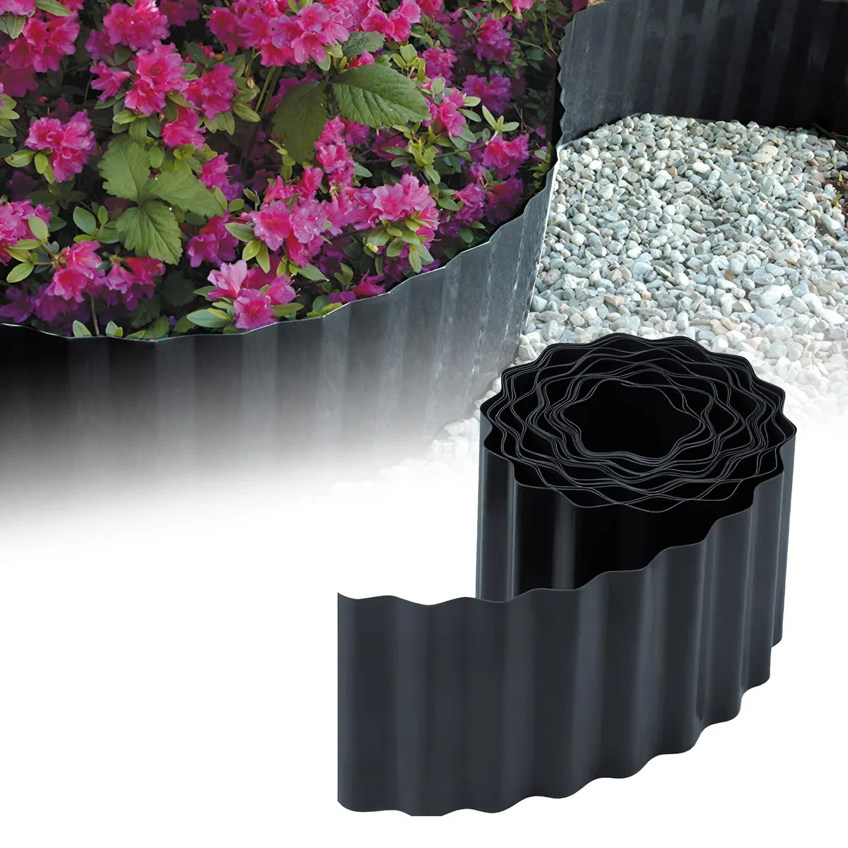 GARDENIX Borde de Macizo Corrugado Macizo de Flores Borde de césped Borde de Macizo Plástico Largo 9m, Alto 15cm, Antracita