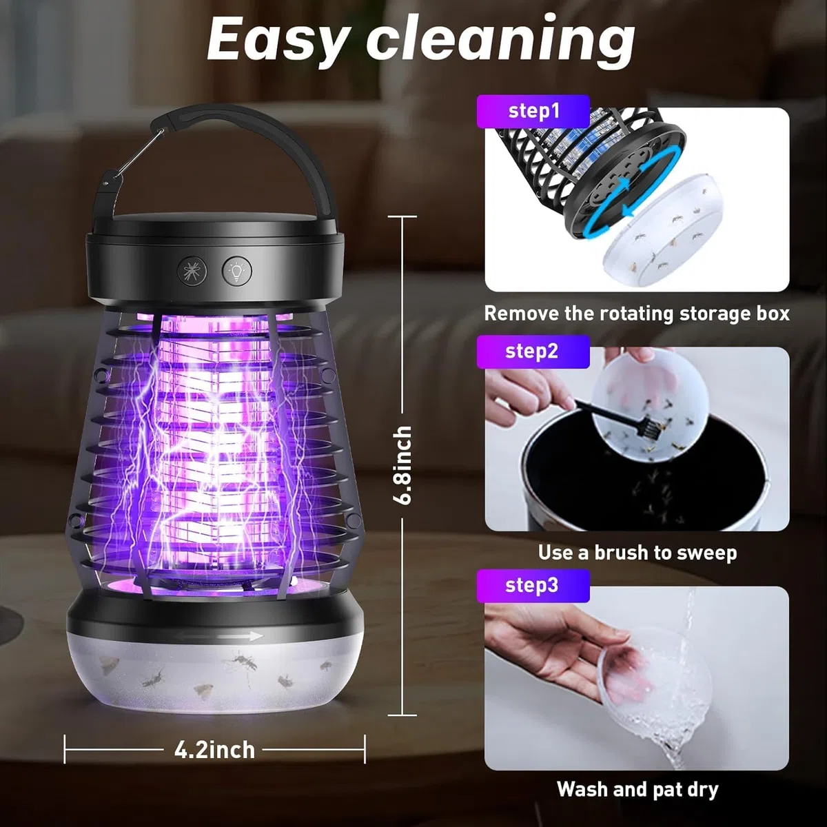 Lámpara Matamosquitos UV 2000V Recargable 2000mAh, Antimosquitos Eléctrico Portátil con Carga USB, Luz LED Suave y SOS, Impermeable IPX4 para Camping, Jardín, Balcón y Dormitorio
