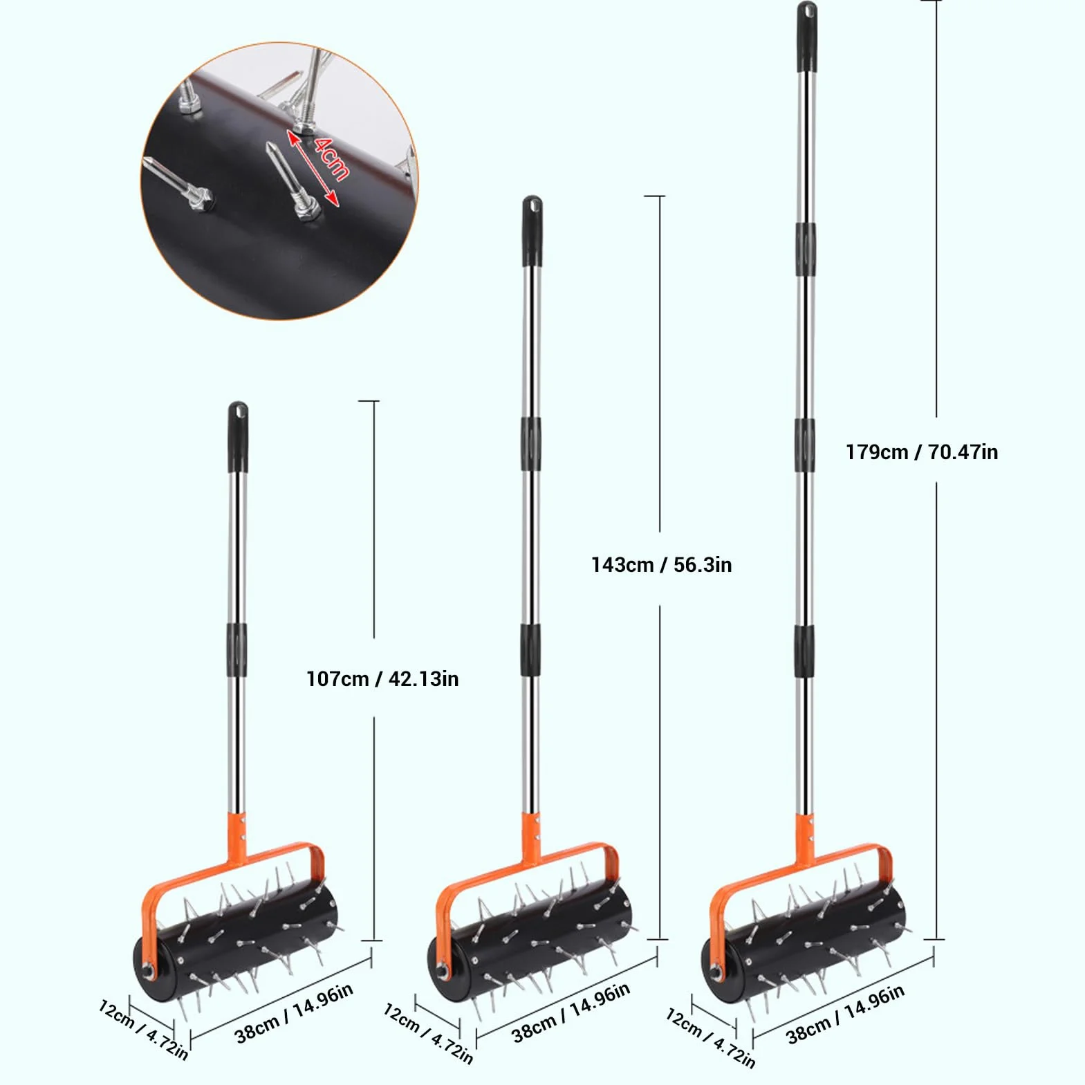 Aireador de Césped Rodante, 42 Púas Premontadas, Rodillo Aireador de Púas para Césped Resistente con Mango Ajustable para Patio, Jardín