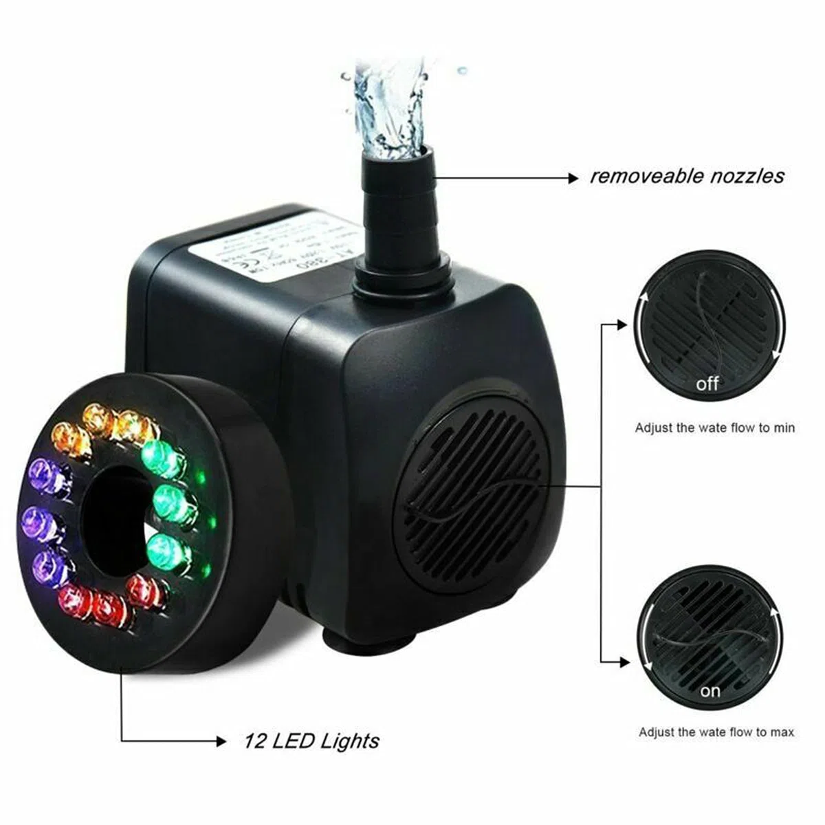 Bomba de estanque Bomba de agua de fuente eléctrica con 12LED Luz Estanque Jardín Piscina Bomba sumergible 15W(EU PLUG)
