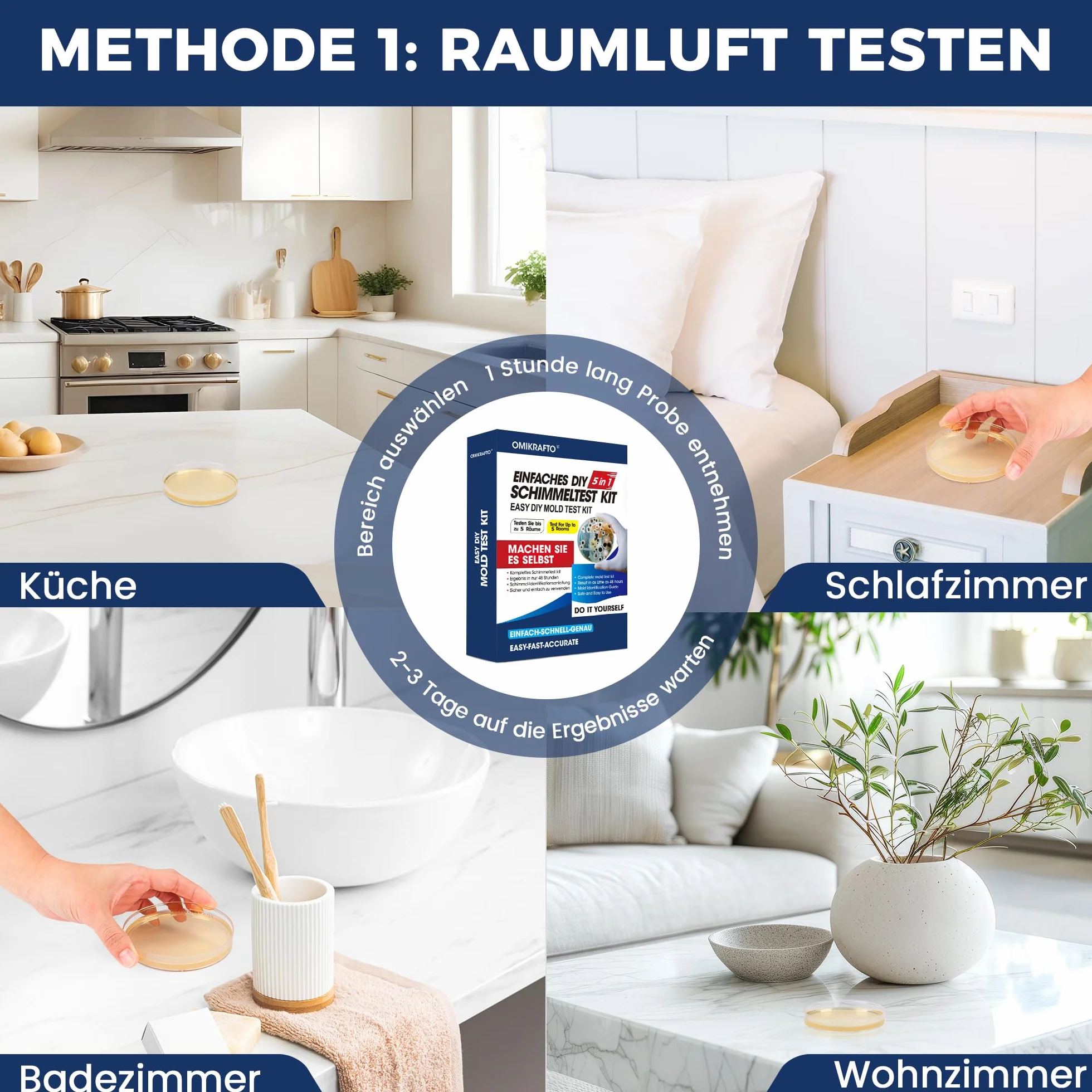 Kit de prueba de moho para el hogar – Prueba de moho para 5 habitaciones – Kit de prueba rápida de moho para la calidad del aire interior – Incluye guía de identificación e instrucciones (idioma