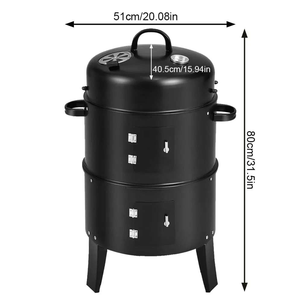 Fumador vertical de carbón vertical con termómetro incorporado BBQ Smoker Grill con Air Vent 2 Puertas de acceso fora el jardín de campamento de cocina al aire libre