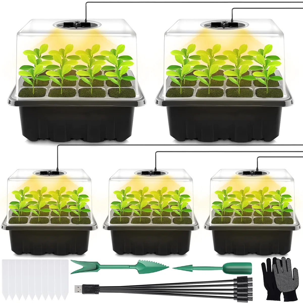 ZLPBAO Mini Cultivo de Invernadero, 5 Piezas Nuevo Bandejas de Semillas 12 Celdas Cultivo de Mini Invernadero, con Luz de Cultivo Solar de Espectro Completo y Ventilaciones