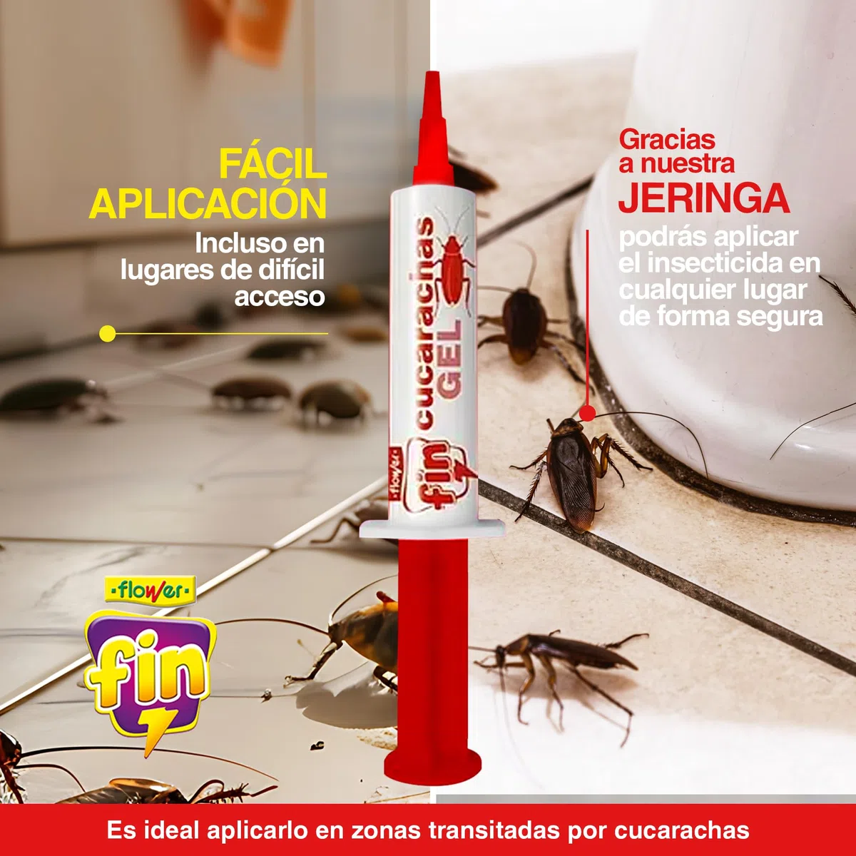 FLOWER x 3 Insecticida Anti Cucarachas Formato Jeringa 10 gr | Jeringuilla Anticucarachas Eficaz Elimina y Mata Cucaracha | Gel Atrayante y Duradero | Interior y Exterior | Aplicación Fácil y Segura