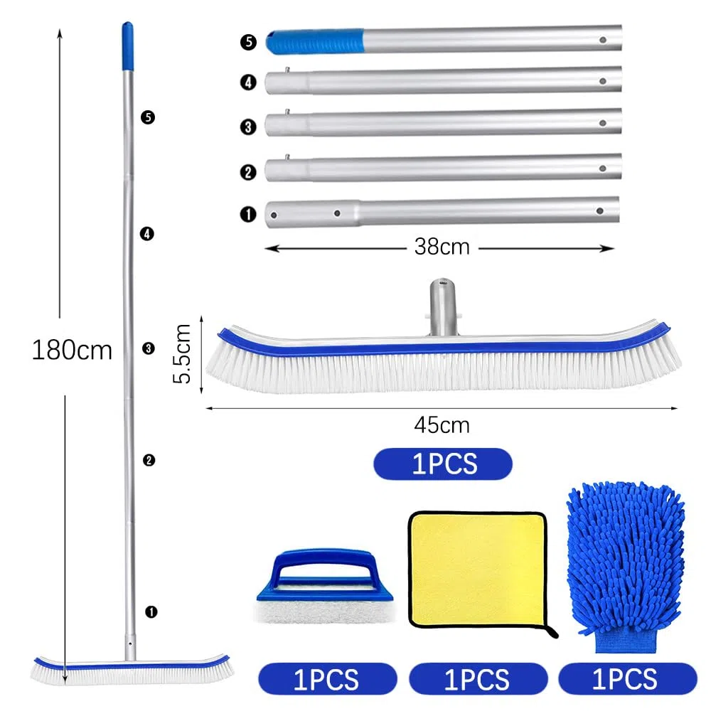 Cepillo Piscina con pertiga 180cm,Cepillo para Limpiar Piscinas 45cm,Cepillo para Limpiar Piscinas,con Barra de Aluminio Ajustable y Parte Trasera de Aluminio Reforzado para Paredes, Azulejos