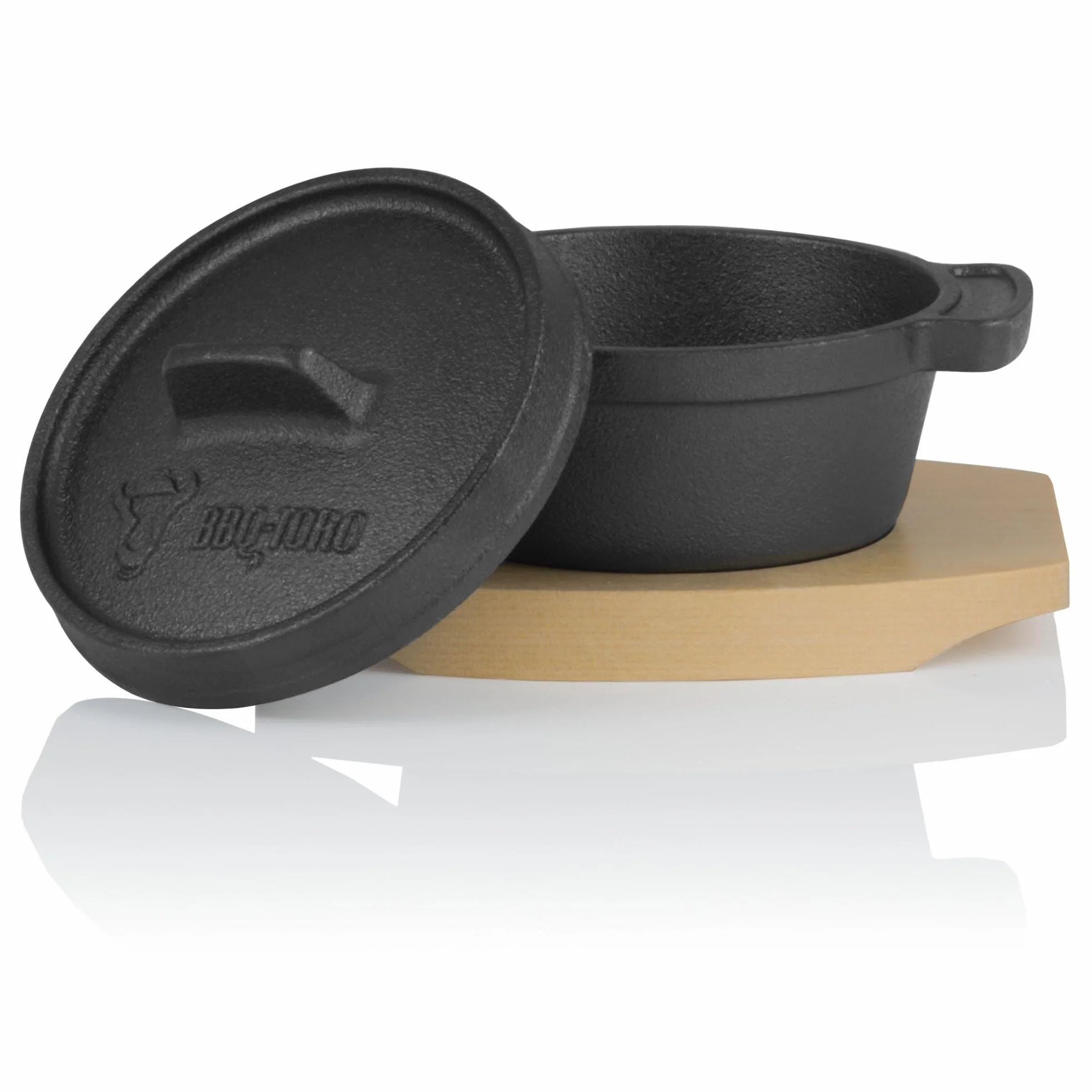 BBQ-Toro Mini Dutch Oven con Base de Madera | Ø 11 cm | Horno Holandés | Olla de Hierro Fundido para Servir | Quemado - pre-Seasoned | Olla con Tapa | Cazuela para Estofar