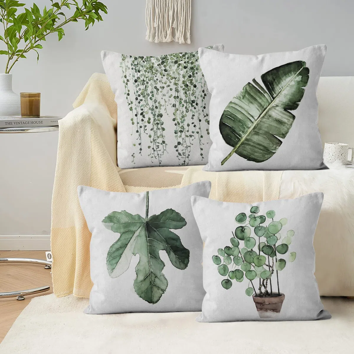 Funda de Cojín Verde 40x40 Juego de 4, Acuarela Hojas de Eucalipto Planta Botánica Fundas de Cojín Decorativas Funda de Cojín Cuadrada de Lino para Sofá Jardín Exterior Decoración del Hogar