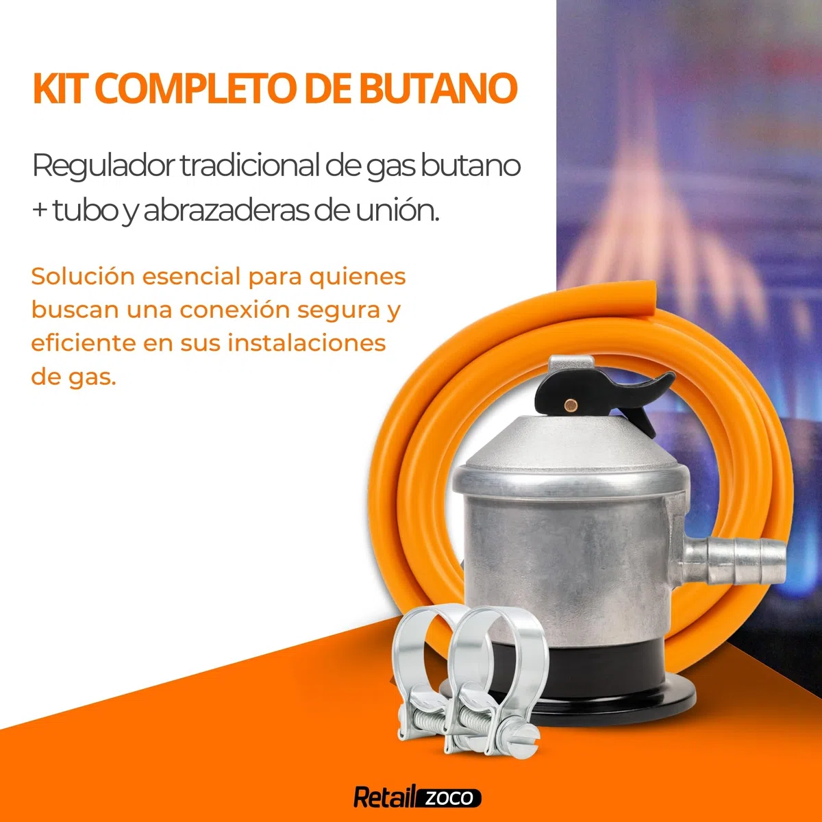 Kit completo butano, Regulador de gas butano + Tubo Goma 1,5 metros + 2 abrazaderas seguridad, Homologado ,Apto para cocinas, estufas gas, calderas, catalíticas, barbacoas, paelleras, calentadores