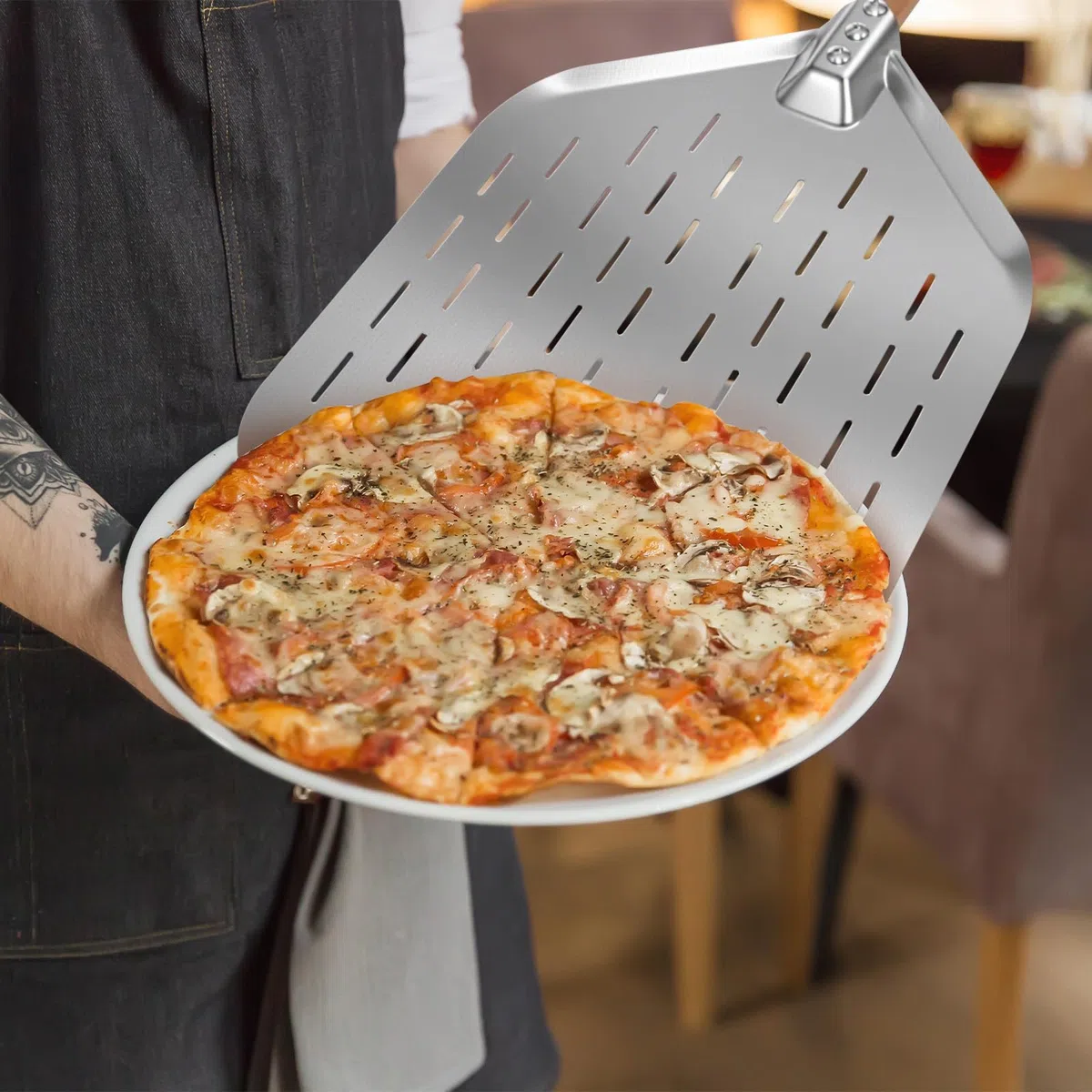 Pala Pizza Perforad, Profesional Pala Pizzas Perforada Acero Inoxidable, Soporte Superficie Grande, Fácil Deslizamiento Sobre Piedra Barbacoa Cocinar Pan, Mas Estable, Fácil Almacenar