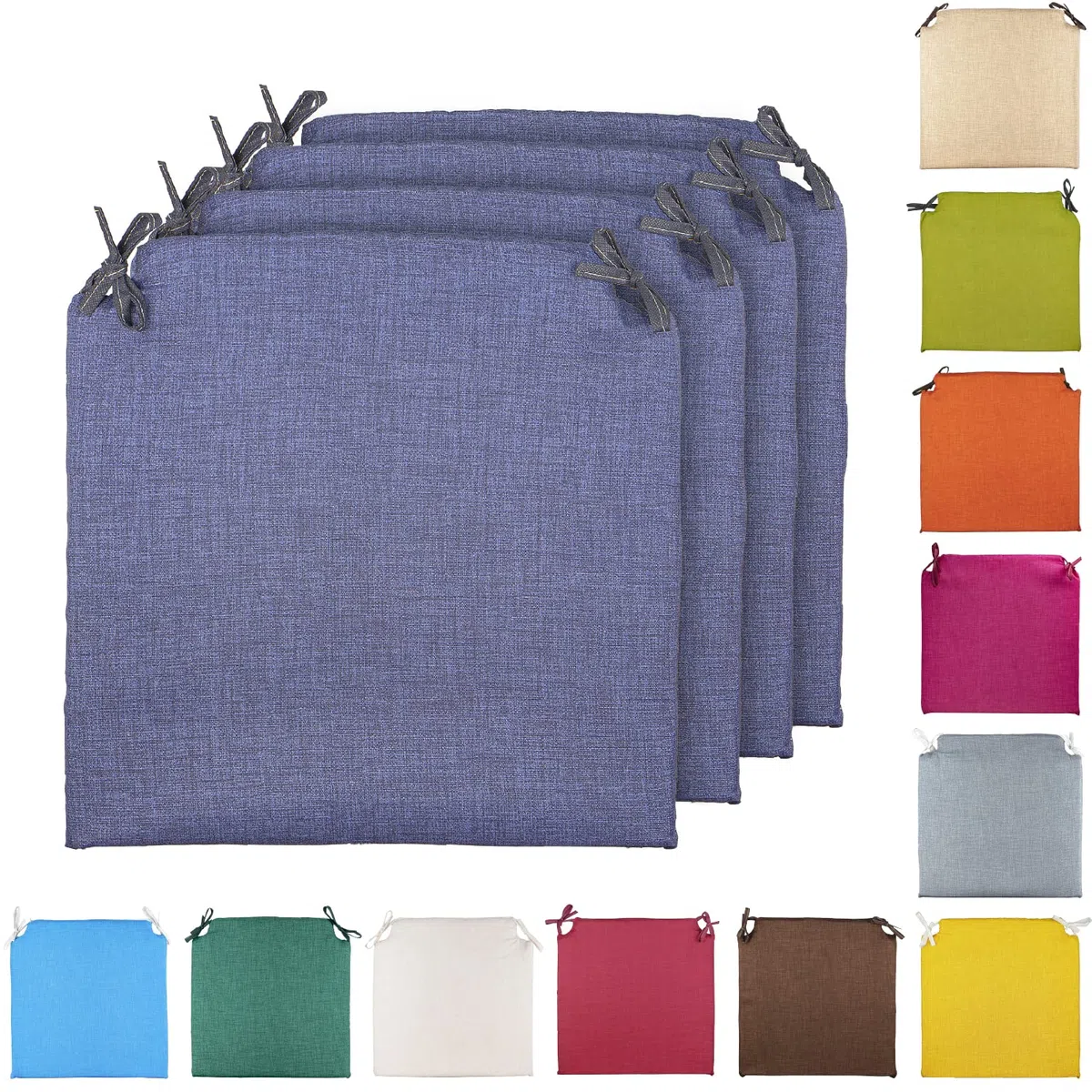 TIENDA EURASIA® Pack 4 Cojines para Sillas - Estampados Lisos con 2 Cintas de Sujeción - Ideal para Interiores y Exteriores - 40 x 40 x 3 cm (Azul)