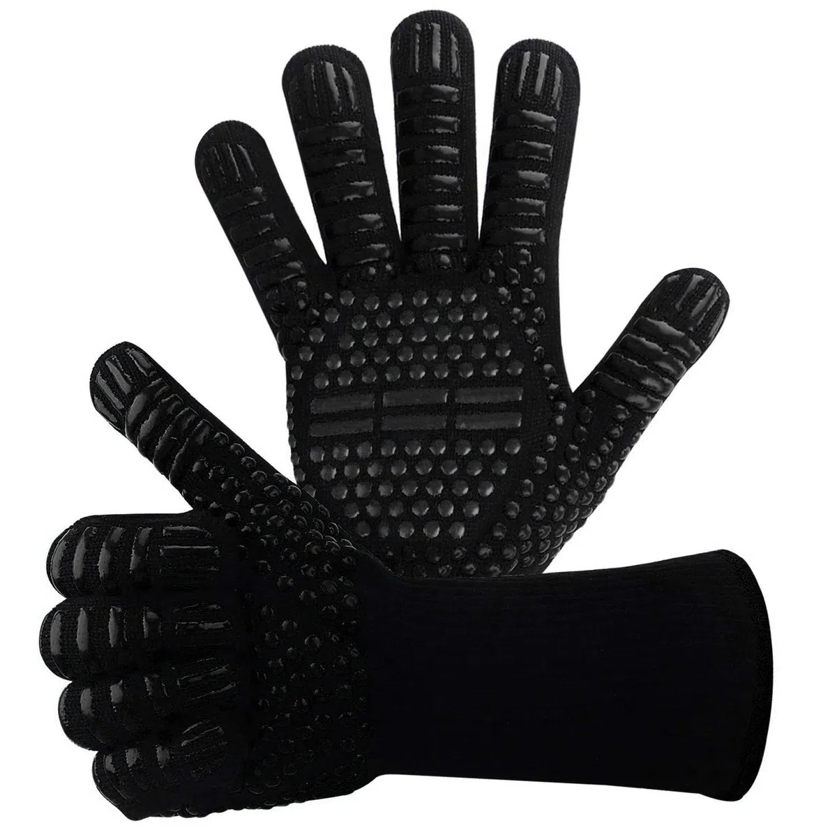 WIN.MAX Guantes para Barbacoa, Guantes de Horno para Barbacoa, Guantes de Cocina, Guantes Resistentes al Calor, Guantes de Chimenea hasta 800 °C, 1 par de Silicona Antideslizante (Igualdad Negra)