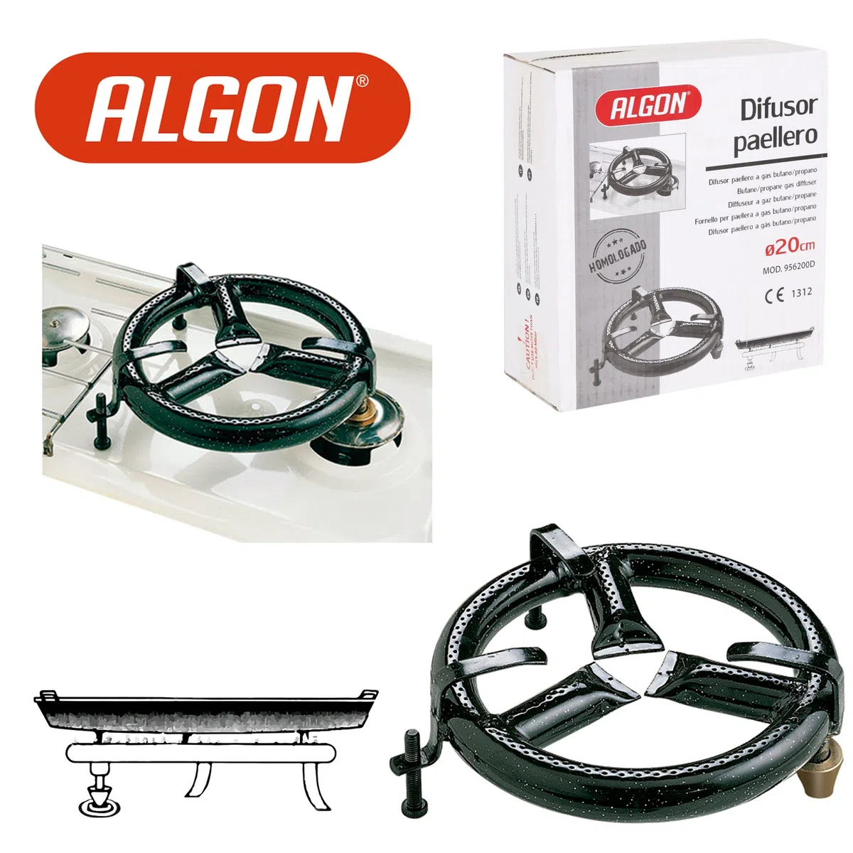 Algon | Paellero Gas Butano/Propano, Metálico Esmaltado, Ø 20 cm - Paellero de Gas Diametro 20 cm