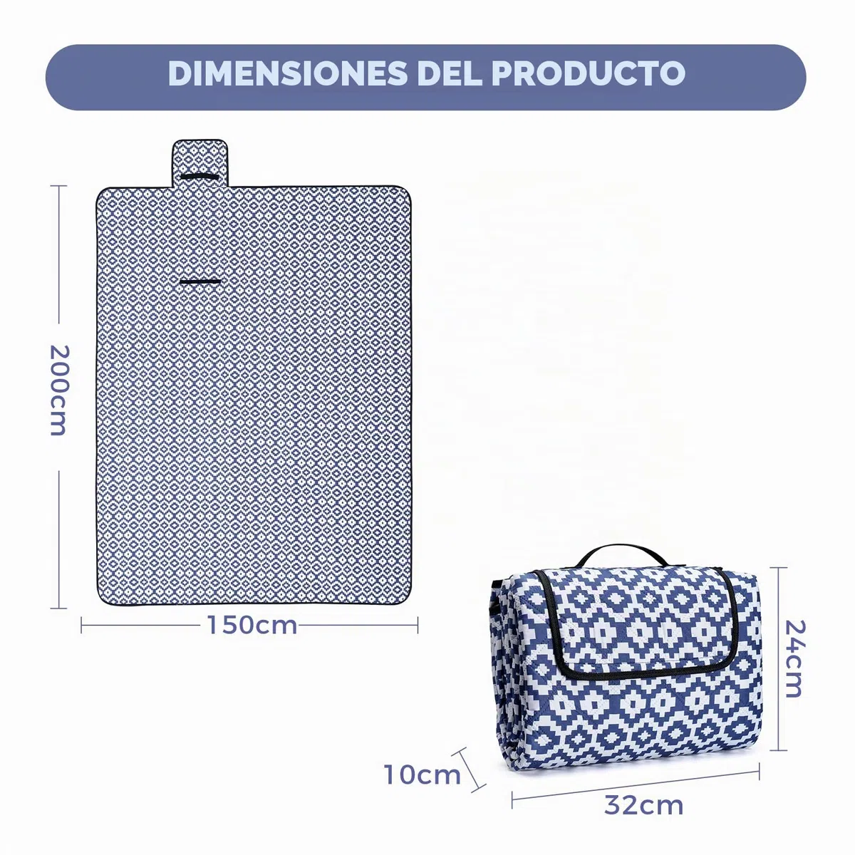 Oak & Tea Manta de Picnic Esterilla Playa Impermeable con 4 Hebillas de Esquina Manta Camping para Playa y Camping 150 x 200 cm Color Azul y Blanco
