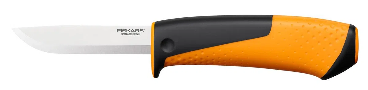 Fiskars Cuchillo universal, Incluye funda con afilador, 21,5 cm, Negro/Naranja, 1023618