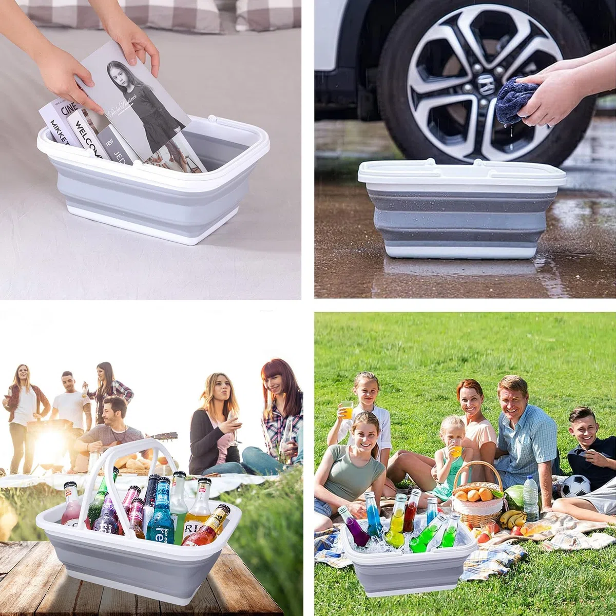 Cesta Plegable para Camping y Picnic, Cesta Picnic Plegable con Asa, Cesta de Pícnic Portátil, Cesta Plegable de Picnic para Acampar Aire Libre, Accesorios Camping, Gris Y Blanco, Plástico