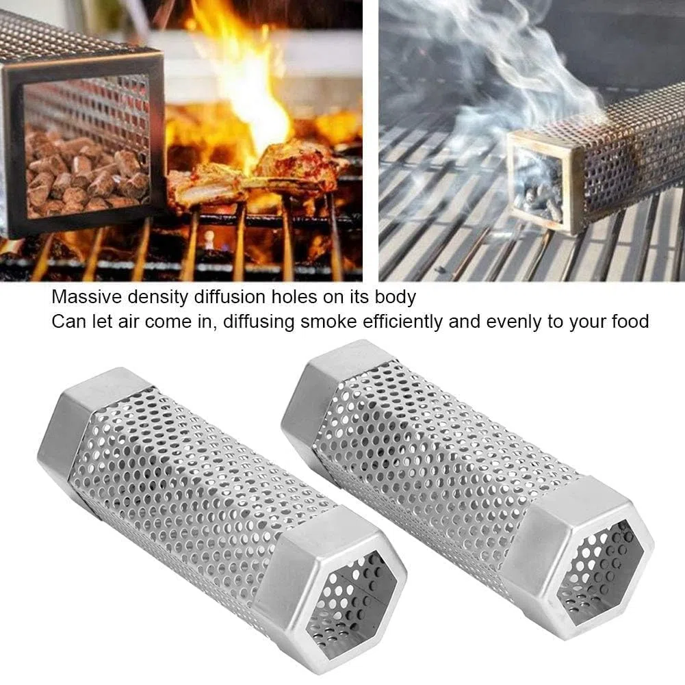 2pcs 2 tubos ahumadores de pellets, generador de humo hexagonal de acero inoxidable para barbacoas, tubo ahumador portátil para barbacoas de gas, carbón y eléctricas, accesorios
