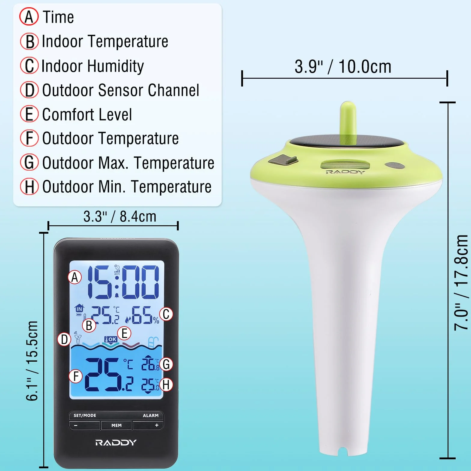 Raddy PT-5 WIFI Termómetro de piscina, Sensor flotante inalámbrico, consola interior, Monitoreo remoto por aplicación, IPX8, recargable con energía solar y USB-C, para piscina, jacuzzi