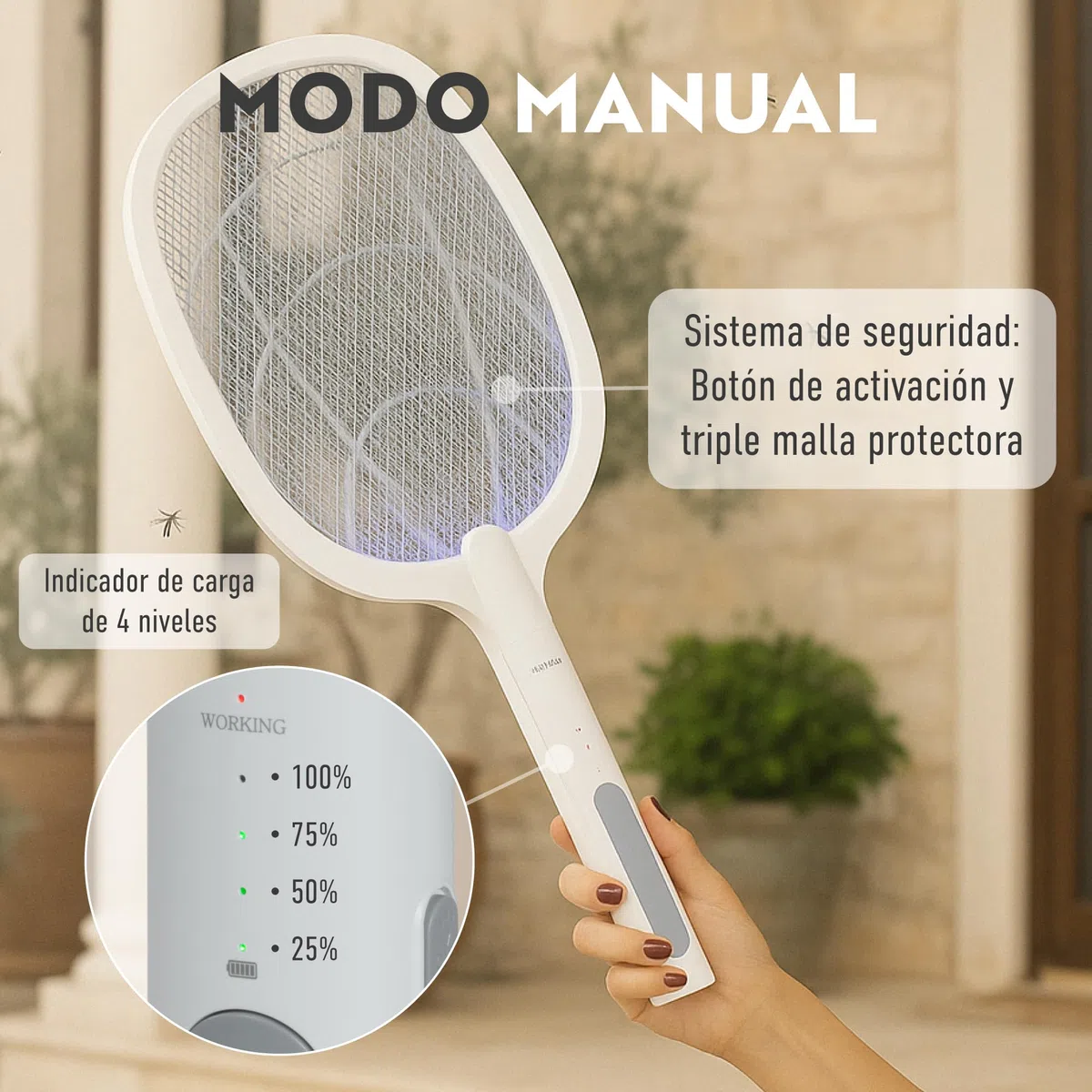 Raqueta Eléctrica Antimosquitos 2 en 1 4000V con Luz UV – Modo Manual y Automático – Batería 1800mAh Recargable USB C – Lámpara Matamoscas Interior Exterior – Triple Protección Segura