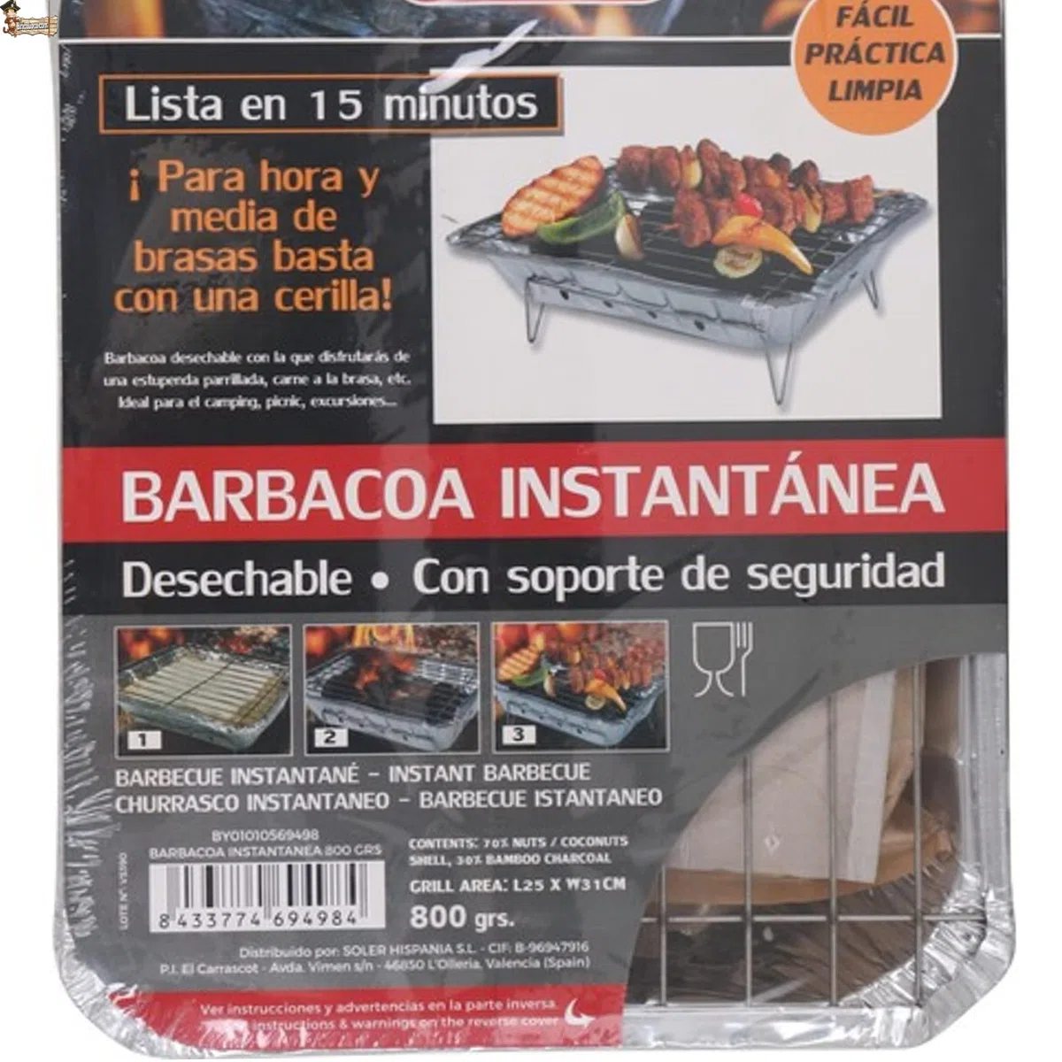 BricoLoco.com Barbacoa instantánea desechable de un solo uso para usar y tirar. ¡¡¡800 gramos!!!. Jardín, picnic, excursiones, camping. REGALO CERILLAS. (1)