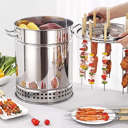 Ahumador vertical de carbón de acero inoxidable, tambor de barbacoa portátil con cesta de cocina para barbacoa perfecta y parrilla al aire libre