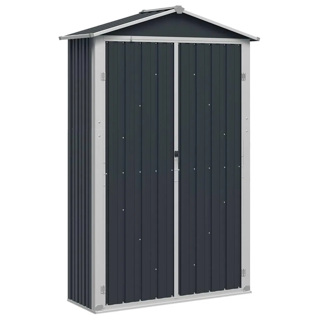 Caseta de jardín de acero galvanizado antracita 116 x 45 x 175 cm, cobertizo de almacenamiento exterior con estantes, puertas de doble abertura y orificios de ventilación para reducir